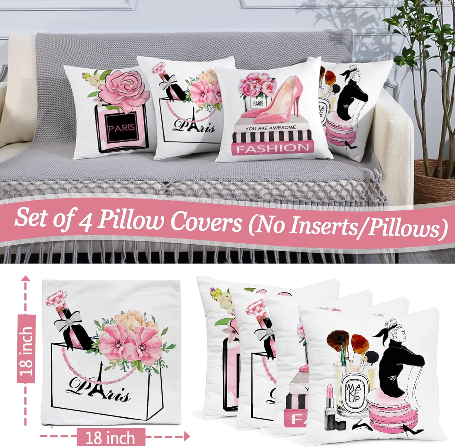 Decorative Pink Pillow Covers Fashion Bedroom Throw Pillow Covers Light Pink Flowers Perfume Decorative Throw Pillow Cases Couch Room Decor Pink Velvet Cute Girls Pillow 18x18 Set of 4 (Pink)