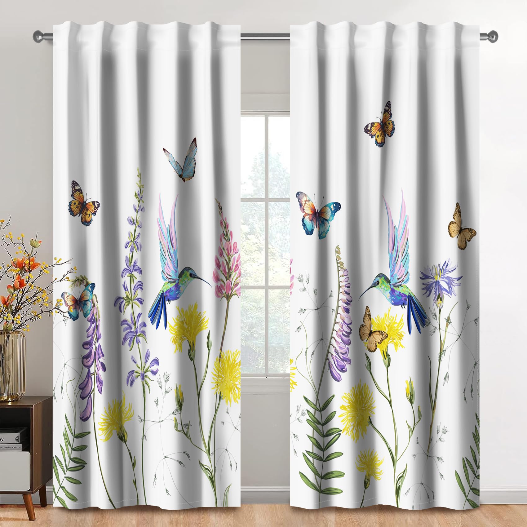 Kzzfqxb 2 Panels 107x215cm Floral Curtains, Botanical Herbs Weeds Butterflies Hummingbirds in Yellow Purple Wildflowers Window Drapes, Elegant Decoration for Living Room Girls Bedroom Dining Room — image 1