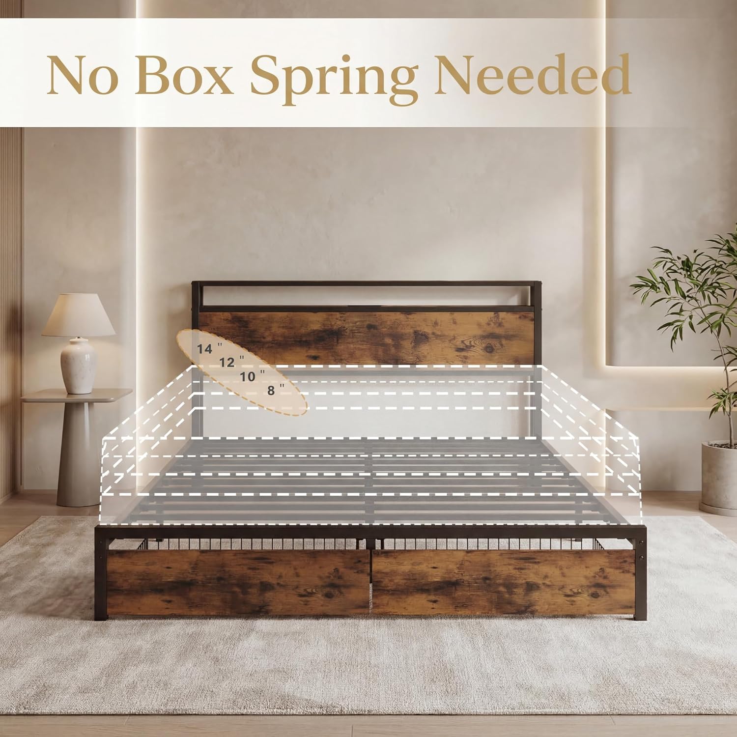 LIKIMIO King Size Bed Frame with Storage Headboard, Platform King Bed with 2 Drawers and Charging Station, Heavy-Duty Metal Slats, No Box Spring Needed, Easy Assembly, Retro Brown