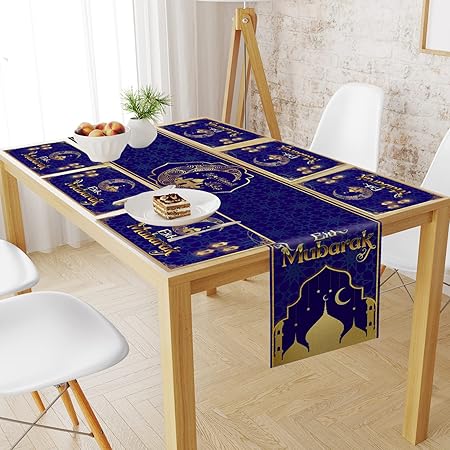 7PCS Eid Mubarak Table Runner and Placemats Ramadan Table Runner Table Mats Golden Star Moon Lantern Ramadan Decor Sets Eid Al-Fitr Ramadan Mubarak Party Home Dinning Room Table Decorations