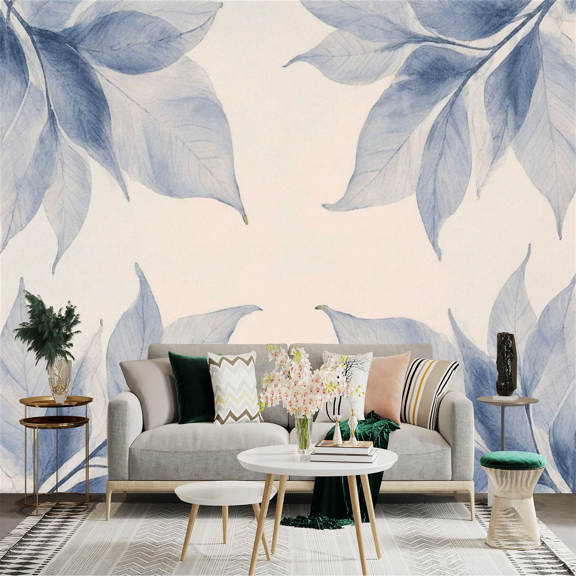 Custom Size Wall Sticker Mural， Watercolor Blue Leaves， Botanical Illustration， Elegant Floral Pattern， Minimalist Nature Art， for wall Decoration， peelandstick wall Decals.