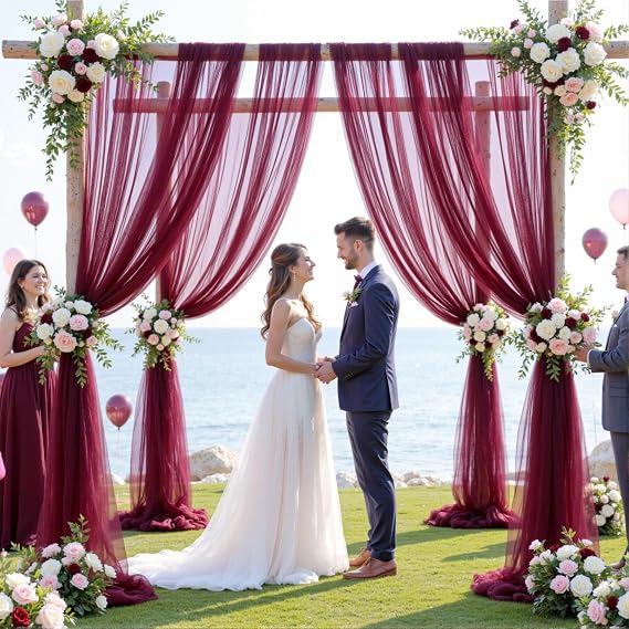 Wedding Arch Draping Fabric Backdrop 2 Panel 30 x 19Ft Burgundy Drapes Curtains for Wedding Reception Sheer Tulle Backdrop Curtain for Ceremony Birthday Party Baby Shower Arbor Ceiling Decorations
