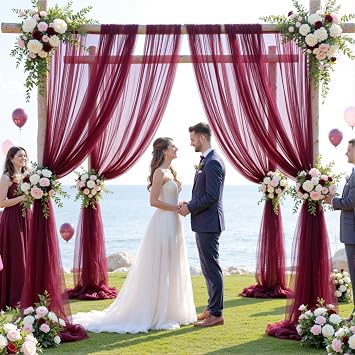 Wedding Arch Draping Fabric Backdrop 2 Panel 30 x 19Ft Burgundy Drapes Curtains for Wedding Reception Sheer Tulle Backdrop Curtain for Ceremony Birthday Party Baby Shower Arbor Ceiling Decorations