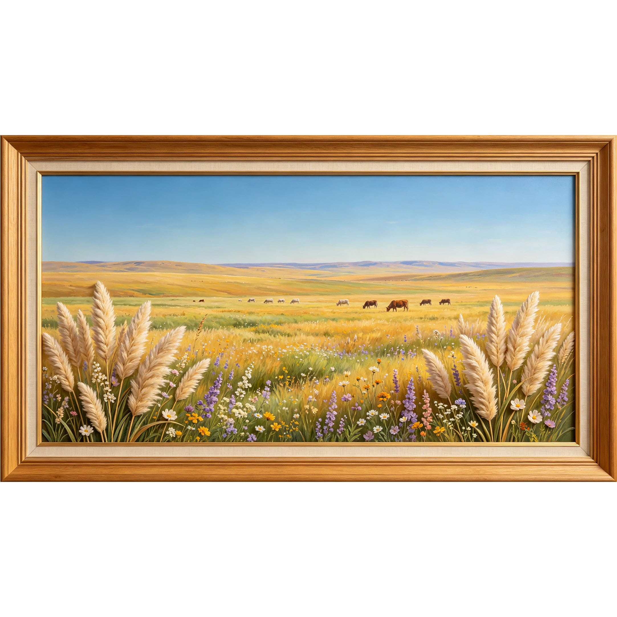 QZLITHOTIC 50×100cm 3D Framed Wall Art， Pastoral Meadow Landscape with Grazing Horses and Wildflowers Self?Adhesive Mural， Water?Activated Peel & Stick Fabric Decor Wall Decal for Bedroom Living Room