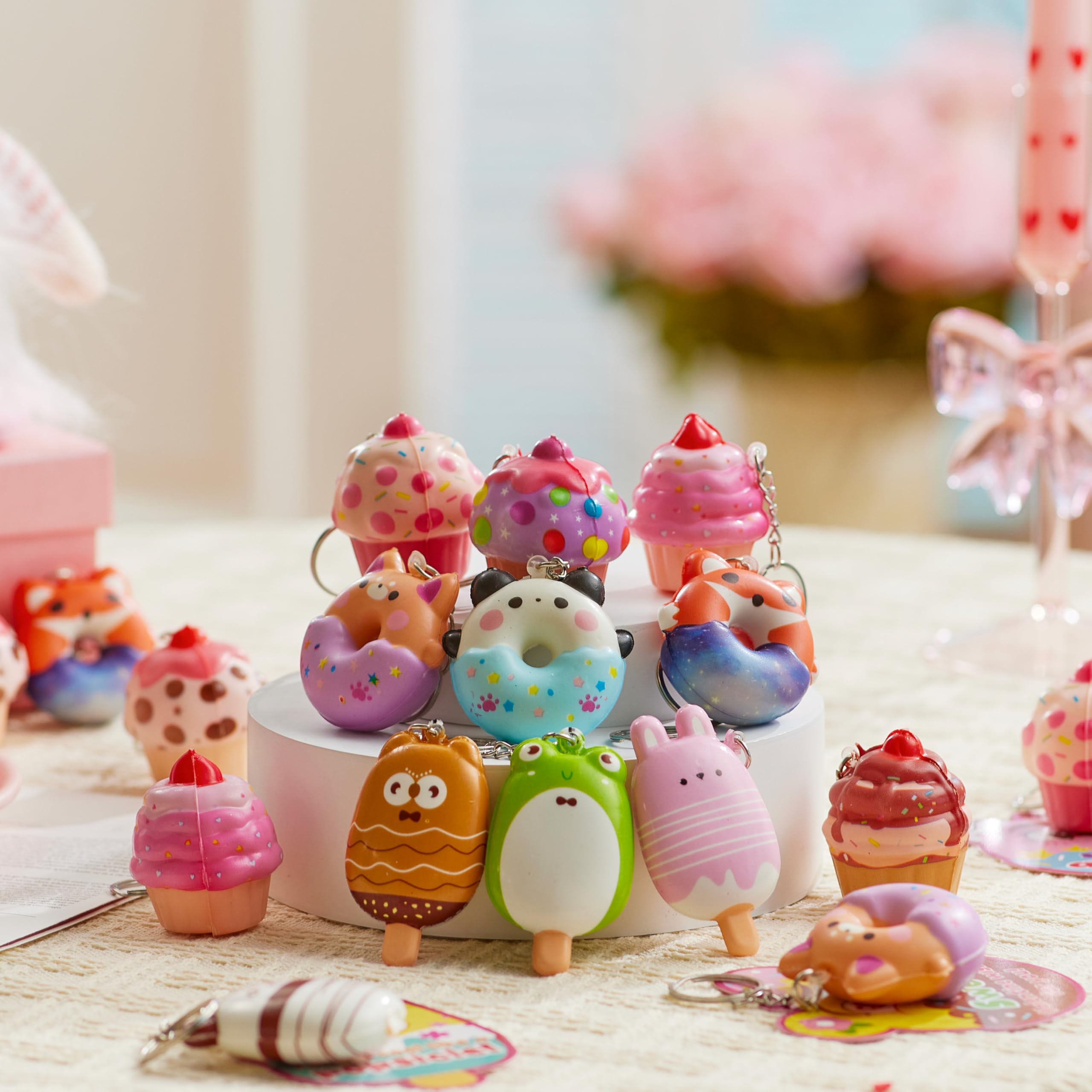 JOYIN 28 Packs Valentine Dessert squishy toys Stress Relief Keychains with Cards for Classroom Exchange Prizes, Fidget Toy Valentine’s Greeting Cards, Valentine Party Favors, Exchange Gifts: Cute