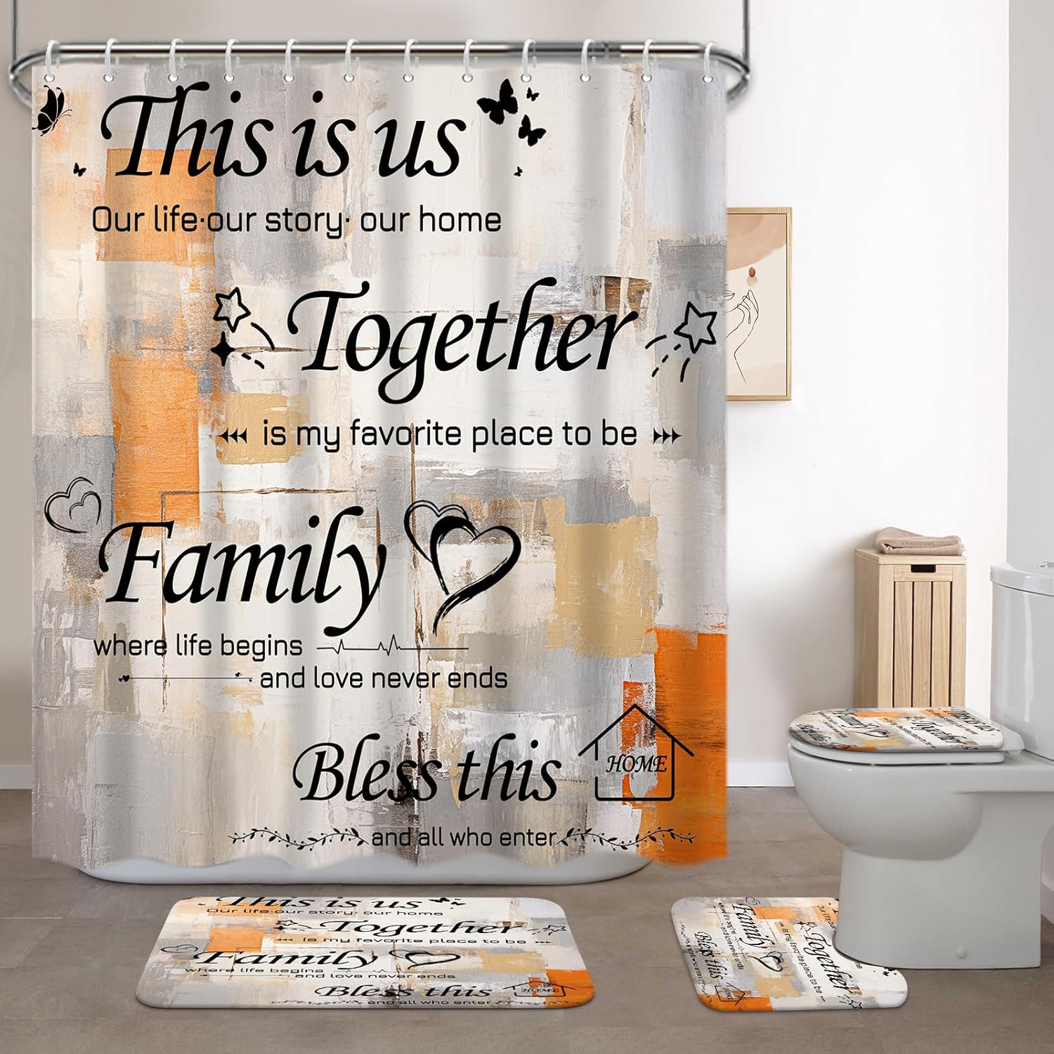Lnond 4Pcs Bathroom Shower Curtain Sets with Rugs, Orange Grey Motivational Home Family Bathroom Sets with Shower Curtain and Rugs and Accessories