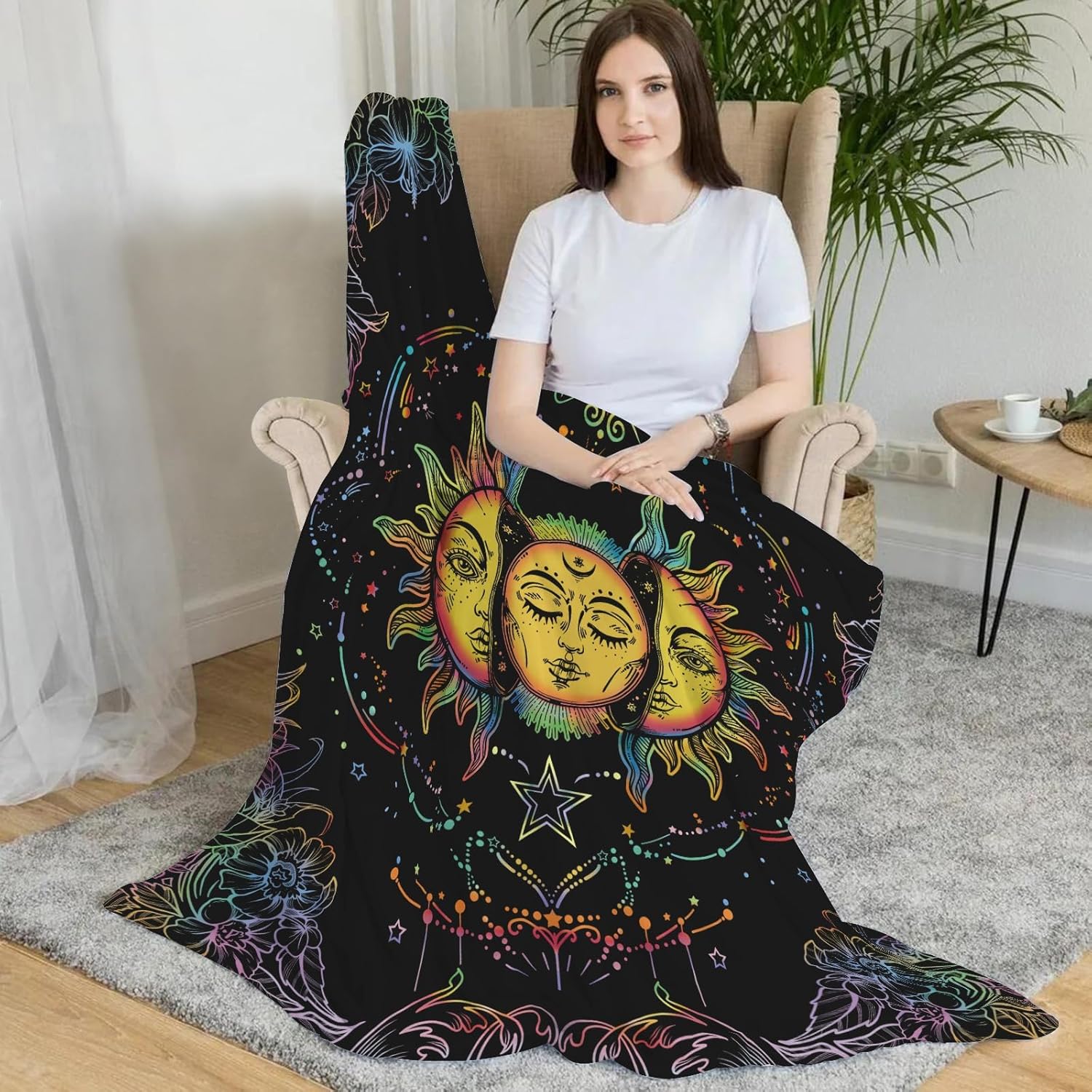 Lifeel Sun and Moon Fleece Throw Blanket, Mystic Colorful Nap Blankets Gift for for Men Guys Teen Boys Sofa Bed Couch Chair or Dorm Throws 60×80 inches
