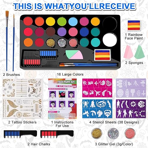 Miniatura 2 de Kit profesional de pintura facial de 20 colores, paleta de aceite, paleta de pintura facial de neón con 10 pinceles para Halloween, efectos