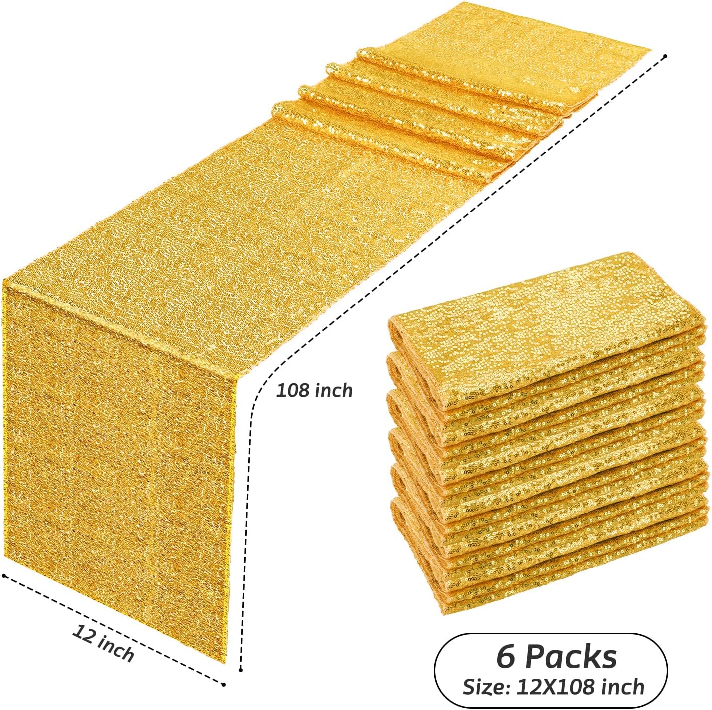 6 Pack Sequin Table Runner Gold, 12 x 108 inch Glitter Gold Table Runner for Rectangle Table for Halloween, Fall, Birthday, Wedding, Holiday Party Decorations, Baby Shower