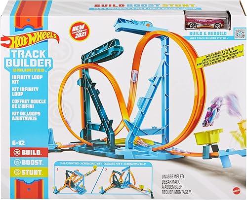 Miniatura 6 de Hot Wheels Juego de rieles y coche de juguete a escala 164 kit de construcción de pista y bucle con configuraciones y saltos ajustables kit de bucle