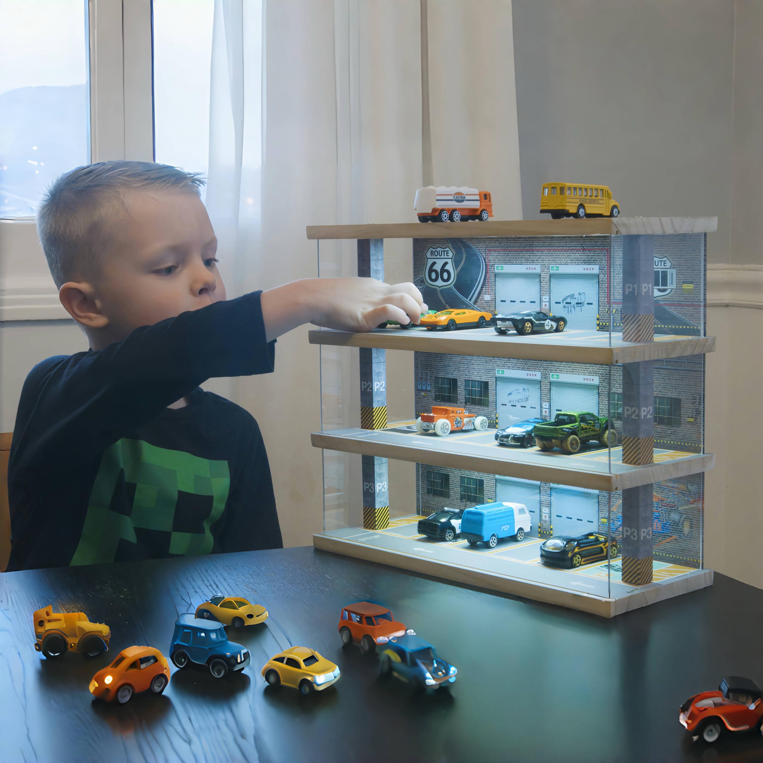 Saichotoy Hot Wheels Storage: Toy Car Parking Garage Diorama with Lights - Freestanding Display Case for 1/64 Scale Diecast Cars with 4 Levels 24 Spots Maximum 40 Cars