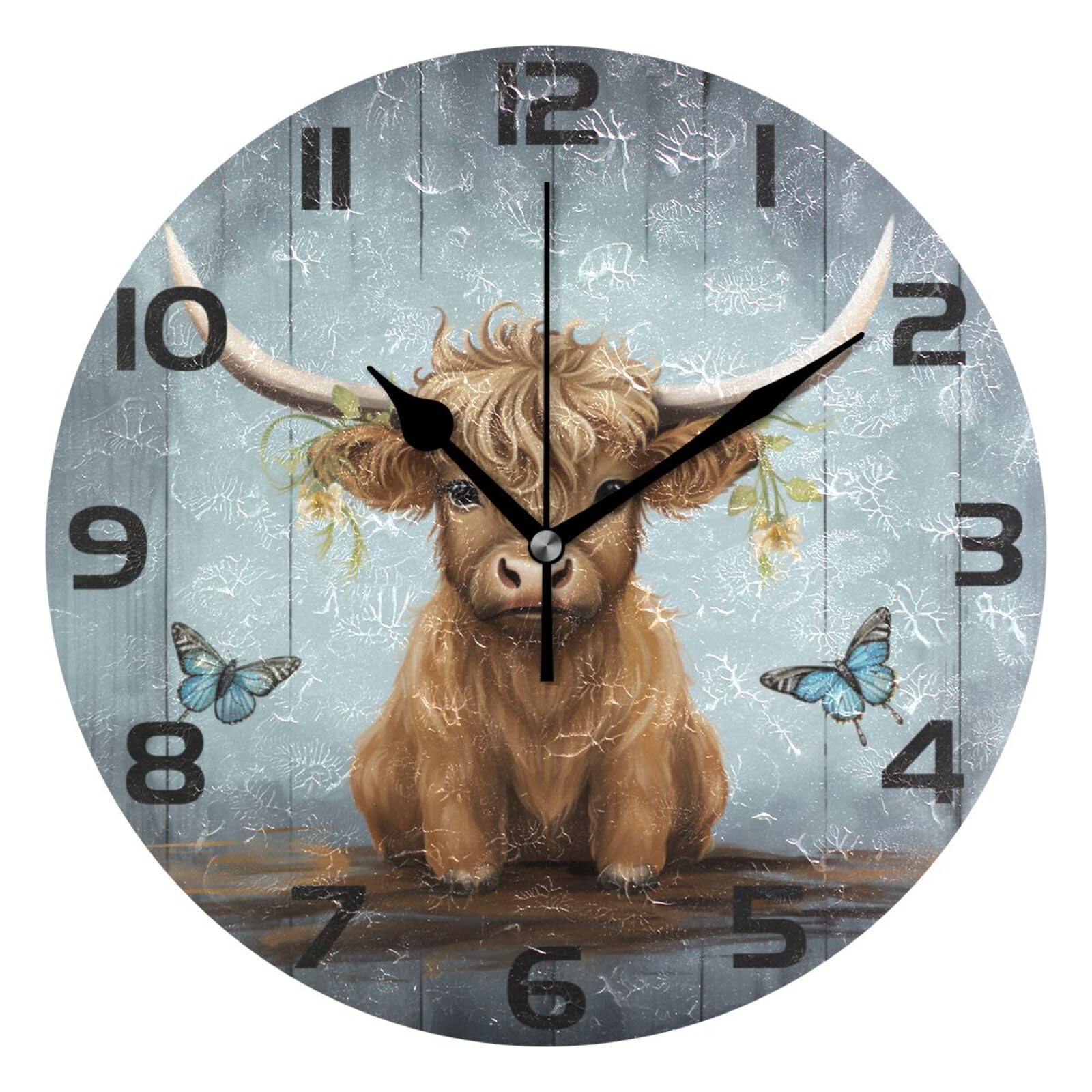 Horloge murale decorative vache Highland ALAZA dorée grand cadran salon