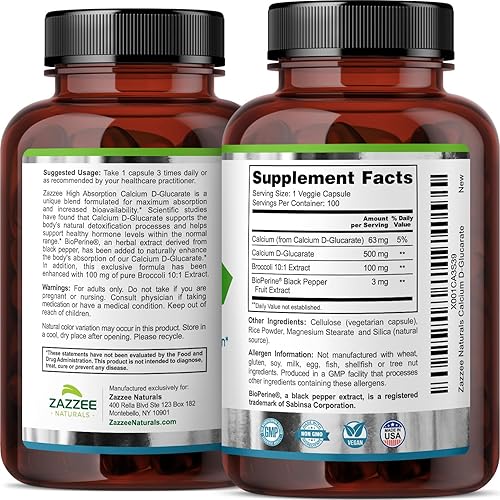 Miniatura 9 de Zazzee D-glucarato de calcio de alta absorción, 500 mg por cápsula, 3 mg de BioPerine para una mayor absorción, 100 cápsulas veganas, más extracto