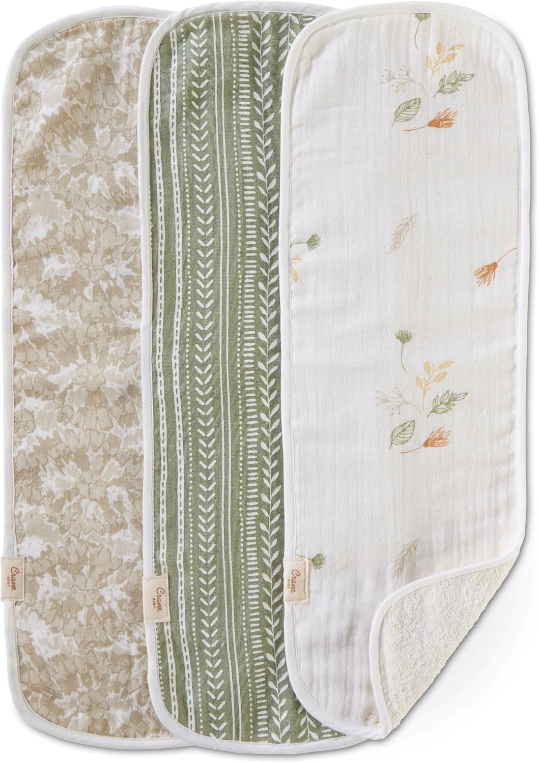 Crane Baby Willow 3-Piece Cotton Burp Cloth Set, Mixed Prints - Lightweight, Absorbent, Perfect for Nurseries and Diaper Bags