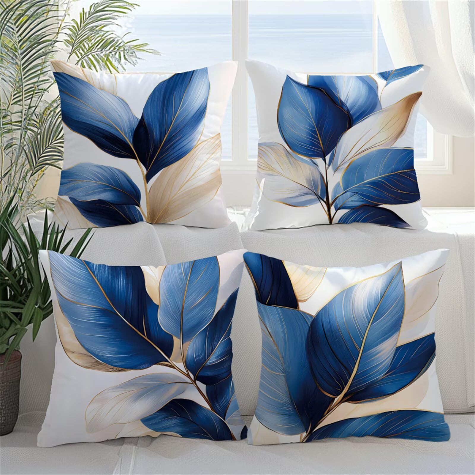 QiHon Cushion Covers 30x30 cm Set of 4 Blue Tropical Leaves Linen Square Pillow Cases 12x12 inch Modern Decorative Throw Pillow Covers for Sofa Couch Bedroom Home Office with Invisible Zipper