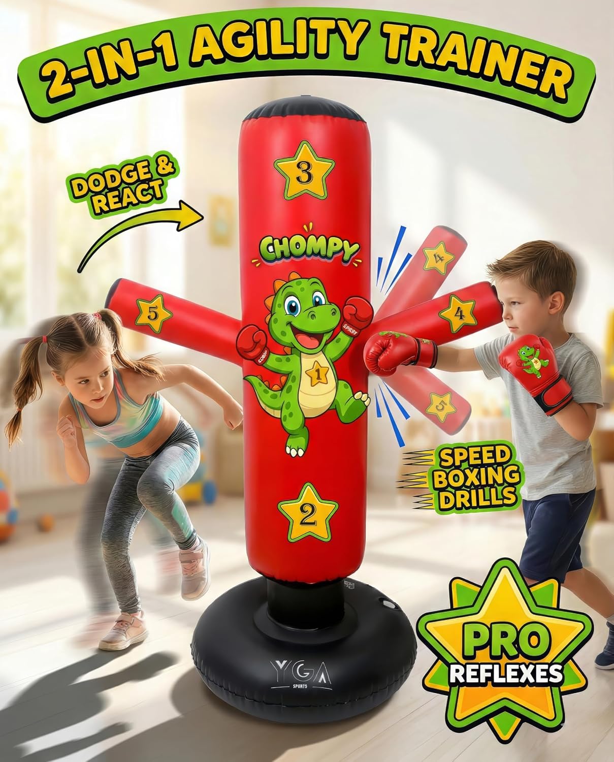 Boxing Sets - 1 CHOMPY Dino (48") + 1 PUNCHO Ninja (63") Punching Bags for Kids - Complete Inflatable Boxing Kit for Ages 3-12 with Gloves, Pumps & Training eBook