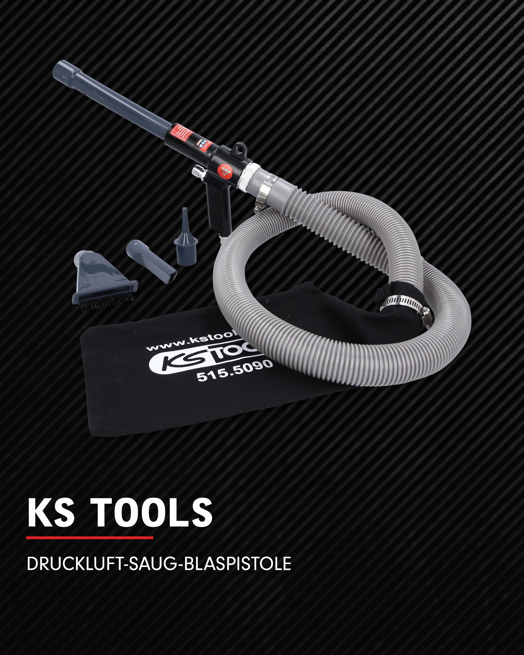 KS Tools Druckluft Saug Blaspistole 515.5090 145mm I Ausblaspistole mit 145mm Düse - 1/4" NPT I Luftdruckpistole inkl. verstärktem Stoff-Staubauffangbeutel
