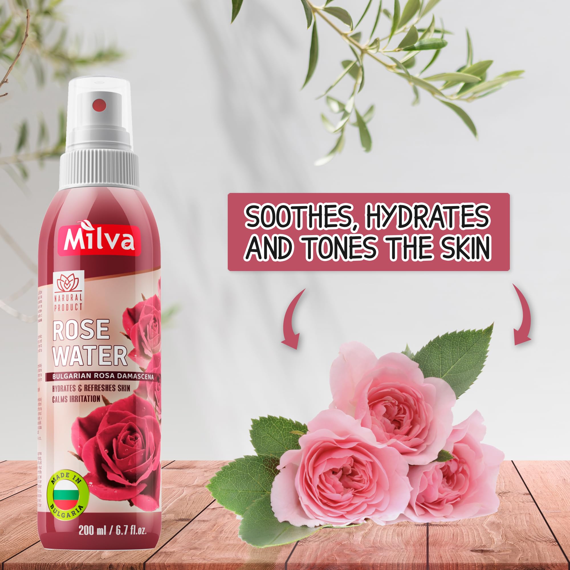 Milva Acqua di Rose Spray Idratante per Corpo e Viso, 200 ml – Tonico Spray Rinfrescante con Olio di Rosa Damascena Bulgara – Struccante Senza Alcol – Acqua di Rose Naturale anche per Capelli