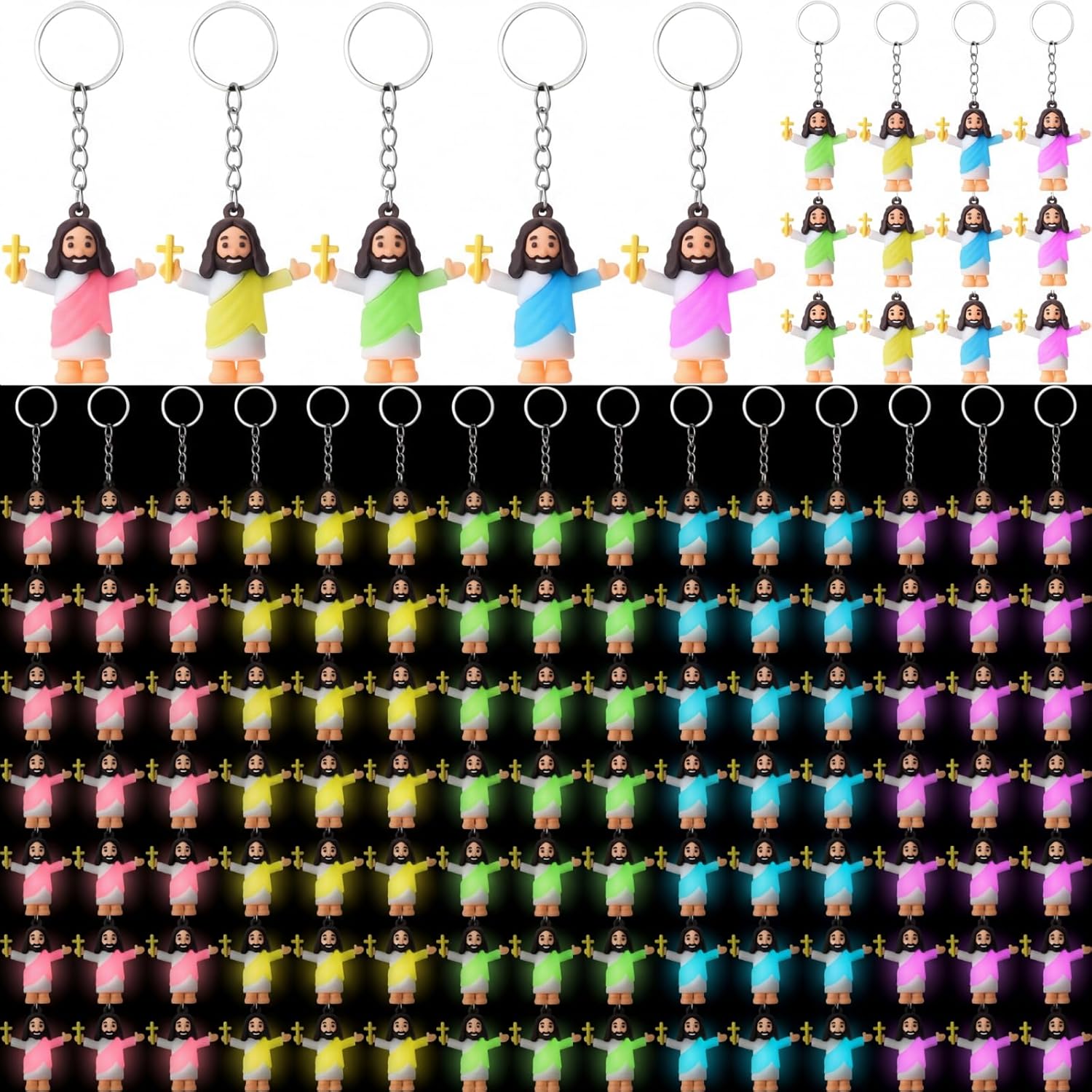200 Pcs Easter Glow Mini Jesus Keychains, Easter Egg Fillers and Basket Stuffers, Glow in The Dark Little Jesus Keyring (Cross)