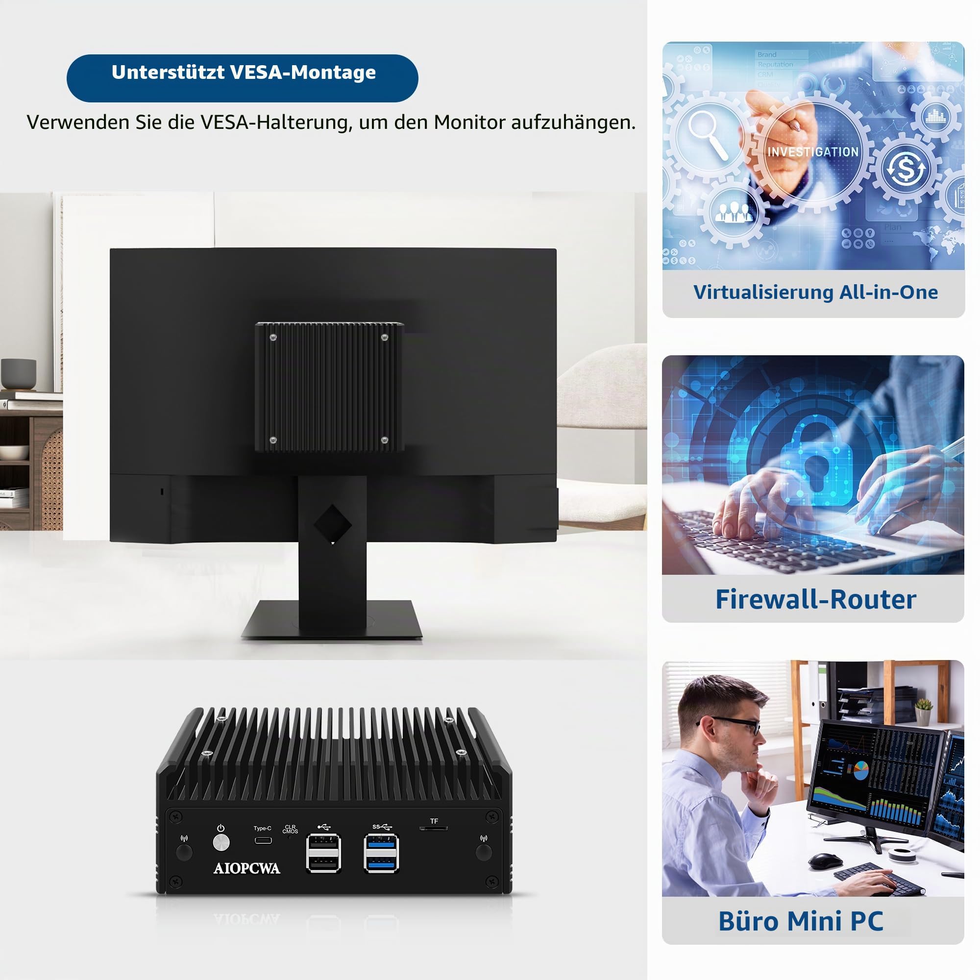 Mini PC AMD Ryzen 5 5500U Firewall Appliance, Fanless Mini Computer 4 Port 2.5GbE i226-V LAN, OPNsense Micro PC Barebone NO RAM/SSD/OS, USB-C, 3-Display, 2-NVMe, 2-SATA, TF
