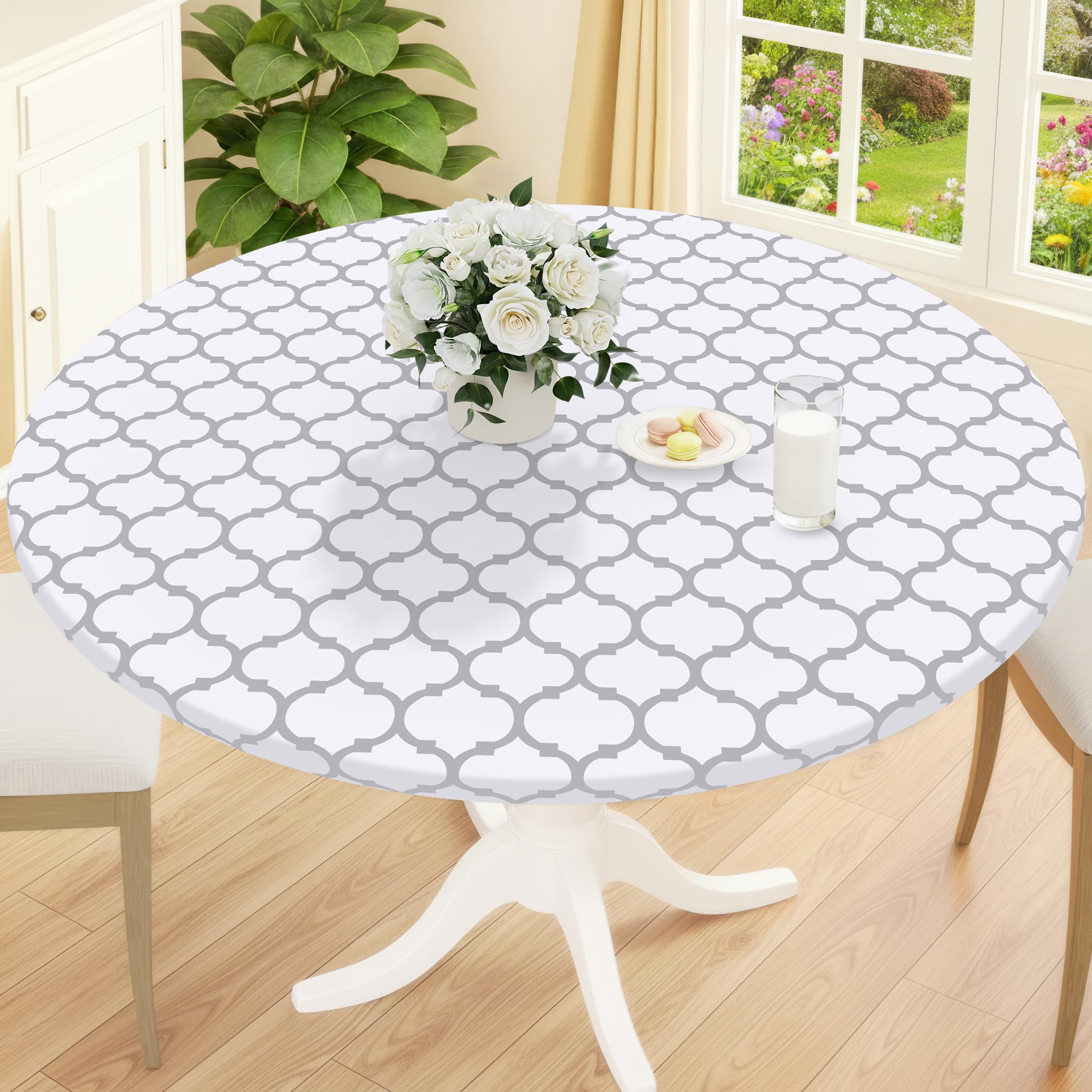 Smiry Round Picnic Tablecloth, Waterproof Elastic Fitted Table Covers for 36" - 44" Tables, Wipeable Flannel Backed Vinyl Tablecloths for Camping,