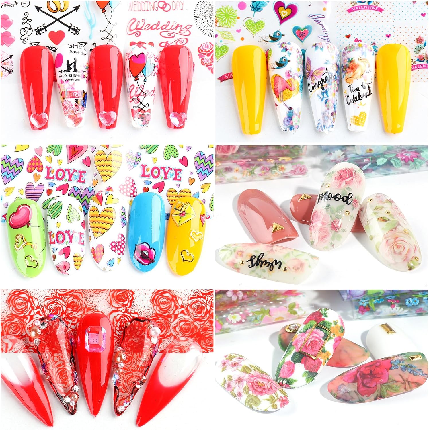 Rose Flower Nail Foil Transfer Nails Art 50PCS Valentine's Day Nail Art Foils Sheets Love Heart Lips Designs Stickers Starry Sky DIY Valentines Decals for Women Acrylic Supplies Manicure Decoration