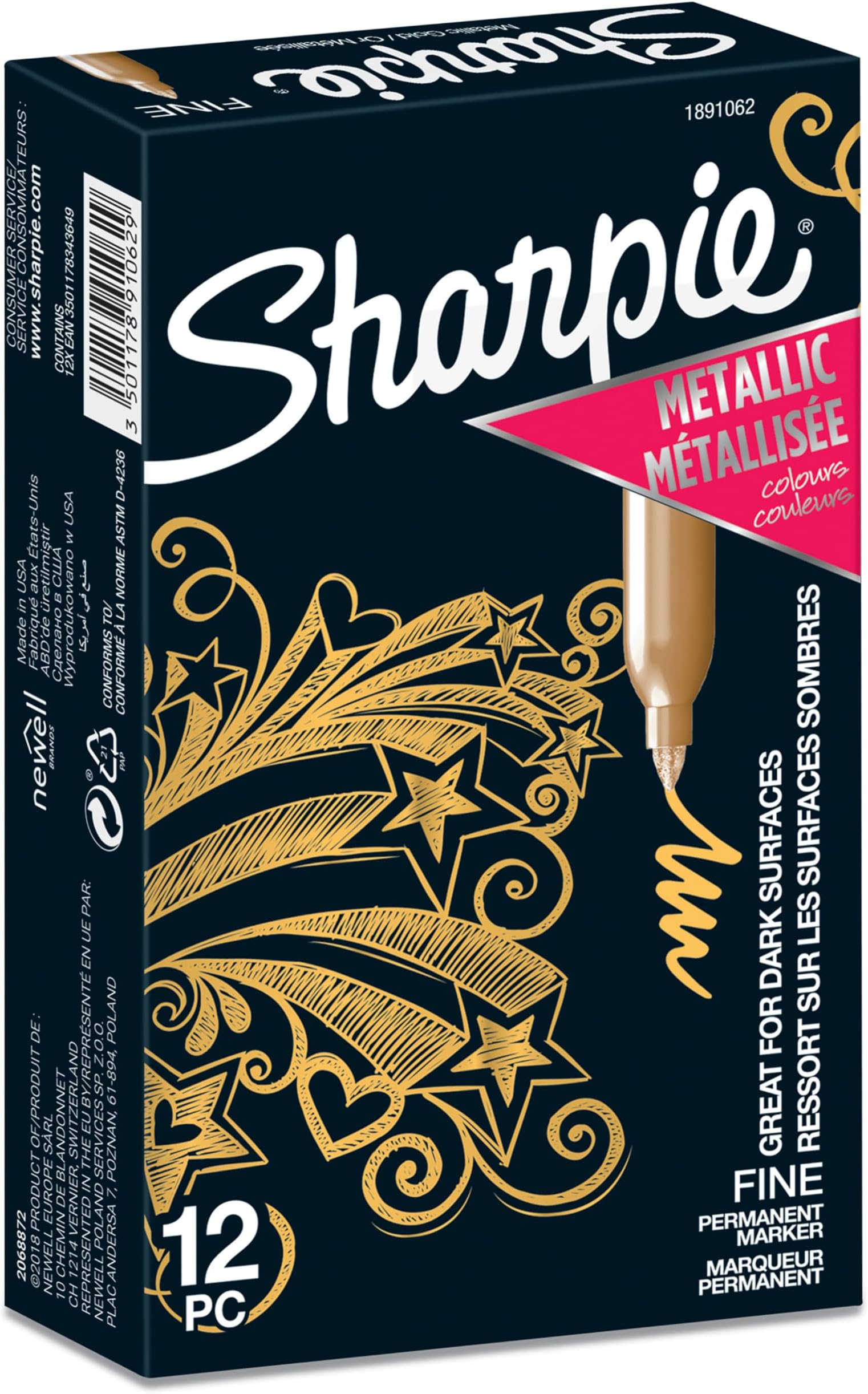Sharpie Metallic Permanent Markers | Fine Point | Gold | 12 Count
