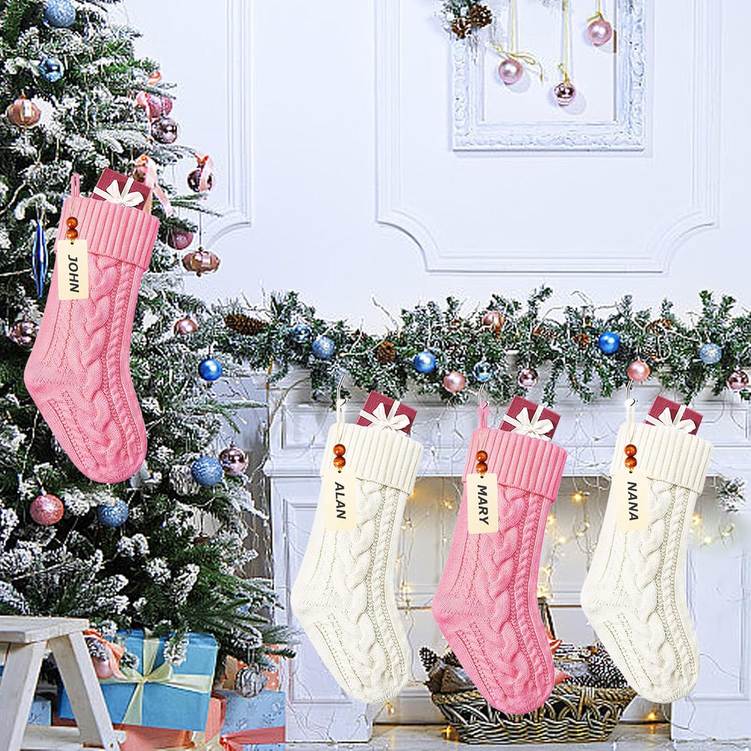 4 Pack Christmas Stockings with Metal Holders & Name Tags, 18 Inches Large Personalized Cable Knitted Stockings Xmas Hanging Stocking Decorations for Family Holiday Christmas Decor, Pink, Ivory