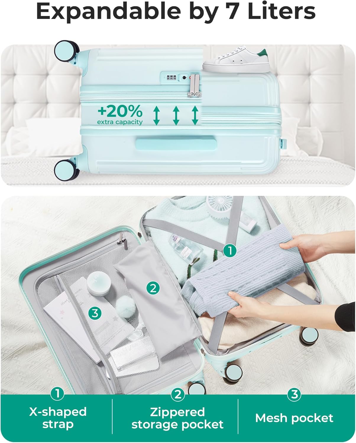 BAGSMART Carry On Luggage 22x14x9 Airline Approved with Spinner Wheels,100% PC Hardside Expandable Luggage with TSA Lock for Trips, 20 Inch Rolling Suitcases for Men Women,Green - Image 3