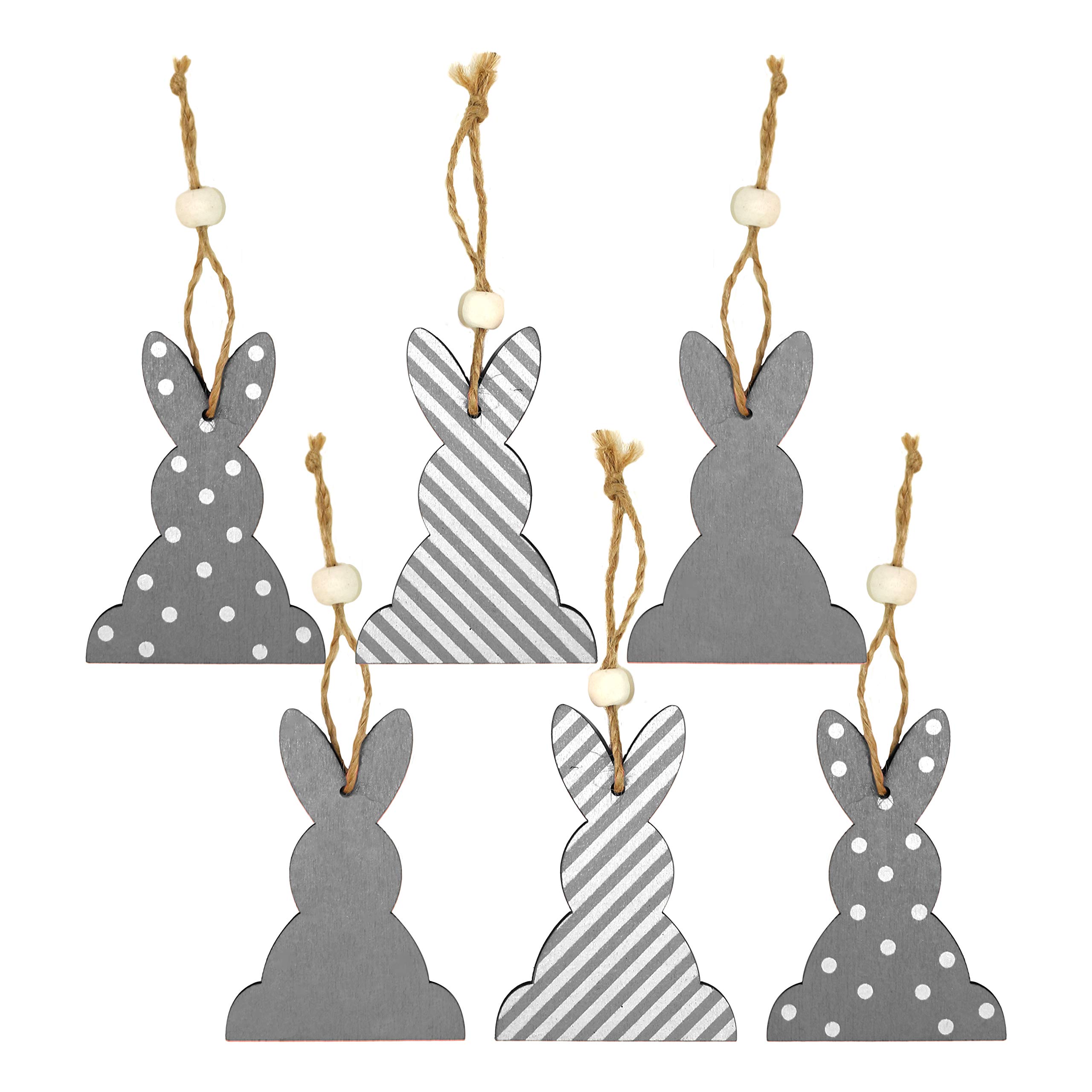 By Robelli Pack of 6 Wooden Easter Bunny Rabbit Hanging Decorations (Grey)