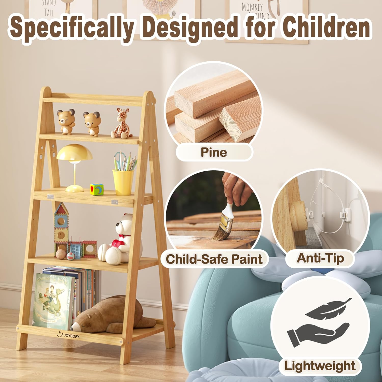 FKWin Solid Wood 5 Tier Corner Shelf, Side Table and Ladder Shelf for Living Room, Bathroom Shelves, Side Tables Bedroom, Storage Shelves or Bookshelf for Kids, Adjustable Height