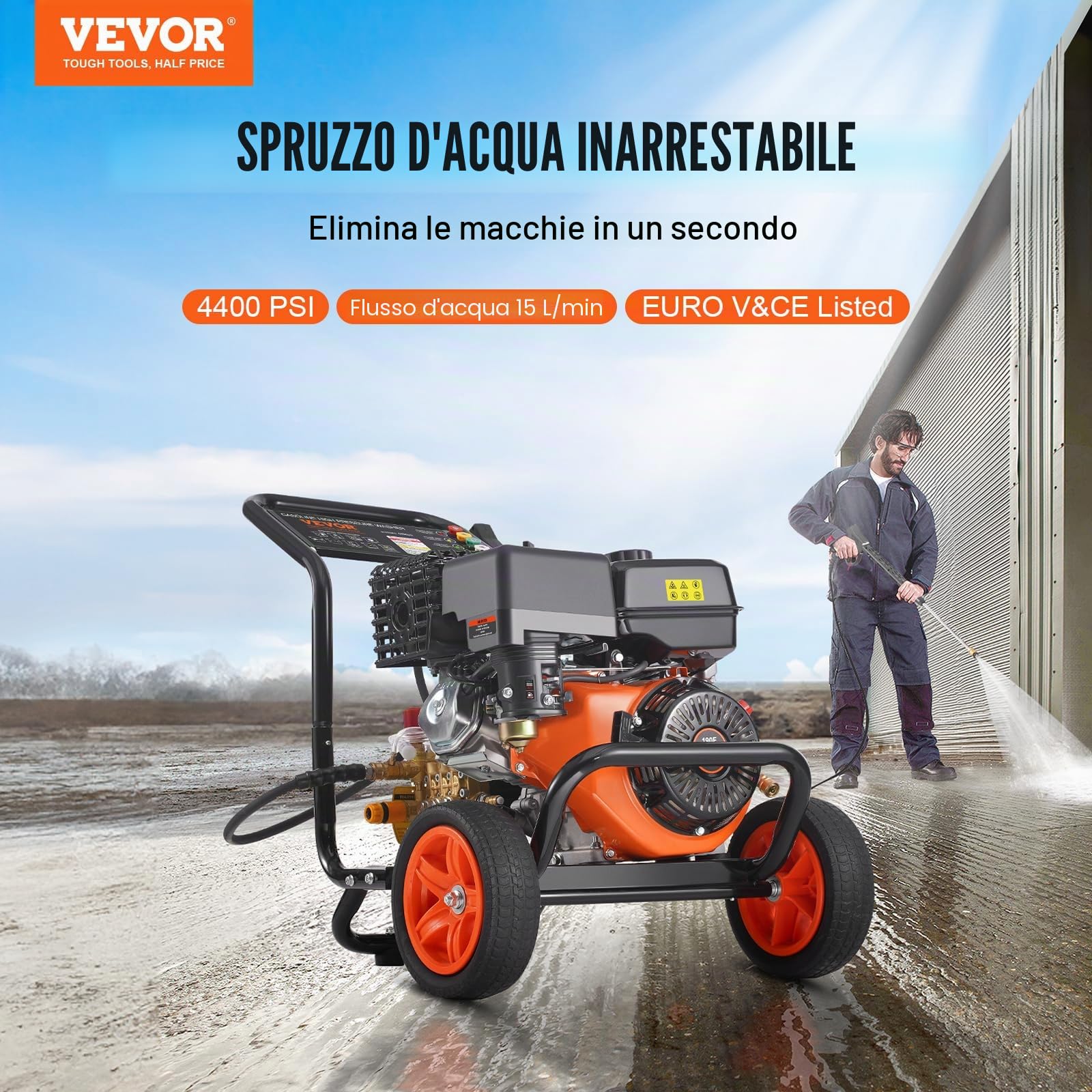 VEVOR Idropulitrice a Gas 309,35 kgf/cm² 15 L/min Idropulitrice a Gas con Pompa in Rame, Prolunga, Set da 5 Ugelli, Idropulitrice ad Alta Pressione per Auto, Recinzioni, Vialetti, Cortili, Mobili
