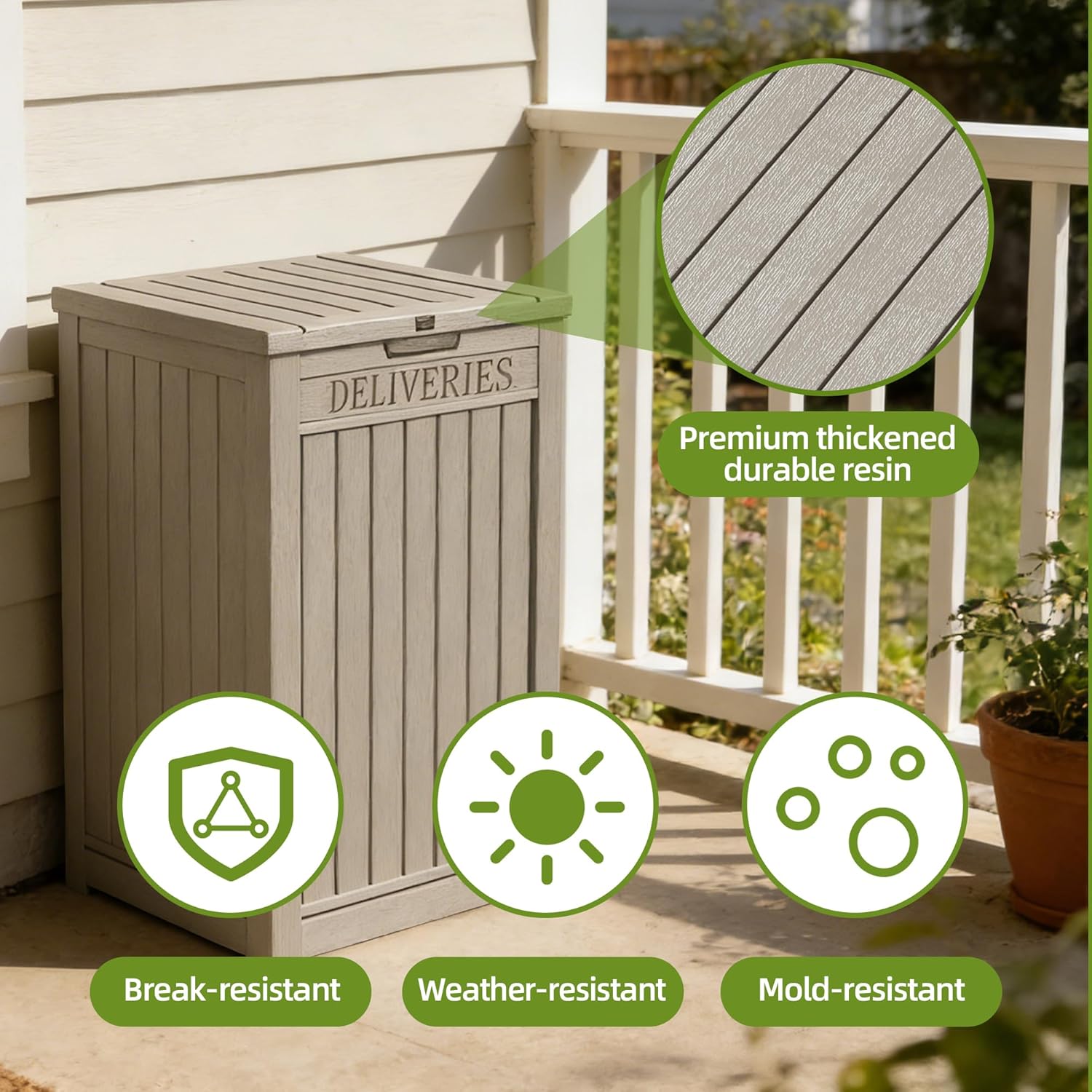 56 Gallon Secure Parcel Deck Box, Waterproof Package Delivery Box Outside Lock Mail Box for House Porch, Heavy Resin Storage (Light Brown)