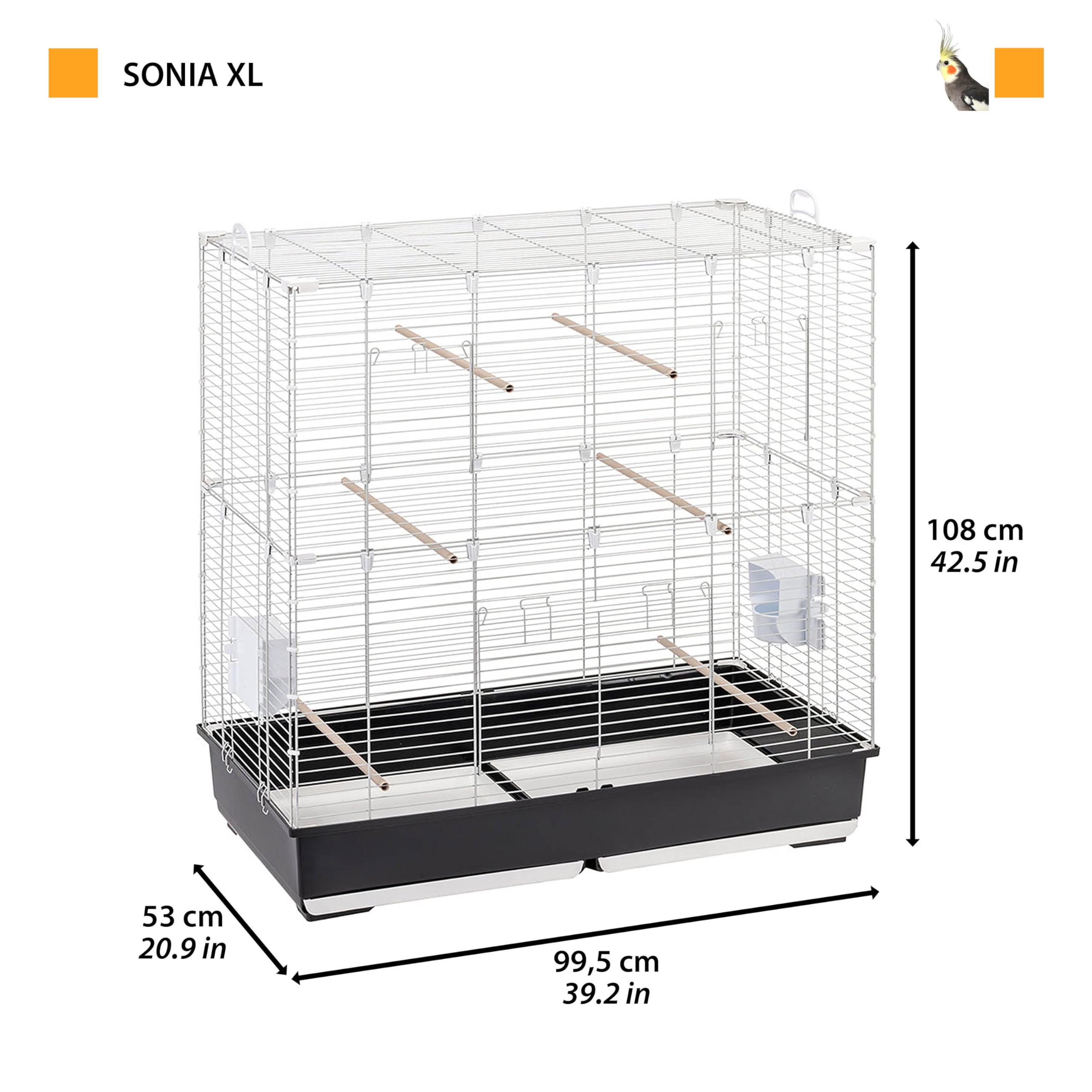 Ferplast Sonia XL, Käfig für Nymphensittiche und Wellensittiche, großer Vogelkäfig mit 2 drehbaren Futtertrögen, 6 Sitzstangen, 2 ausziehbaren Schubladen, 99,5 x 53 x h 108 cm.