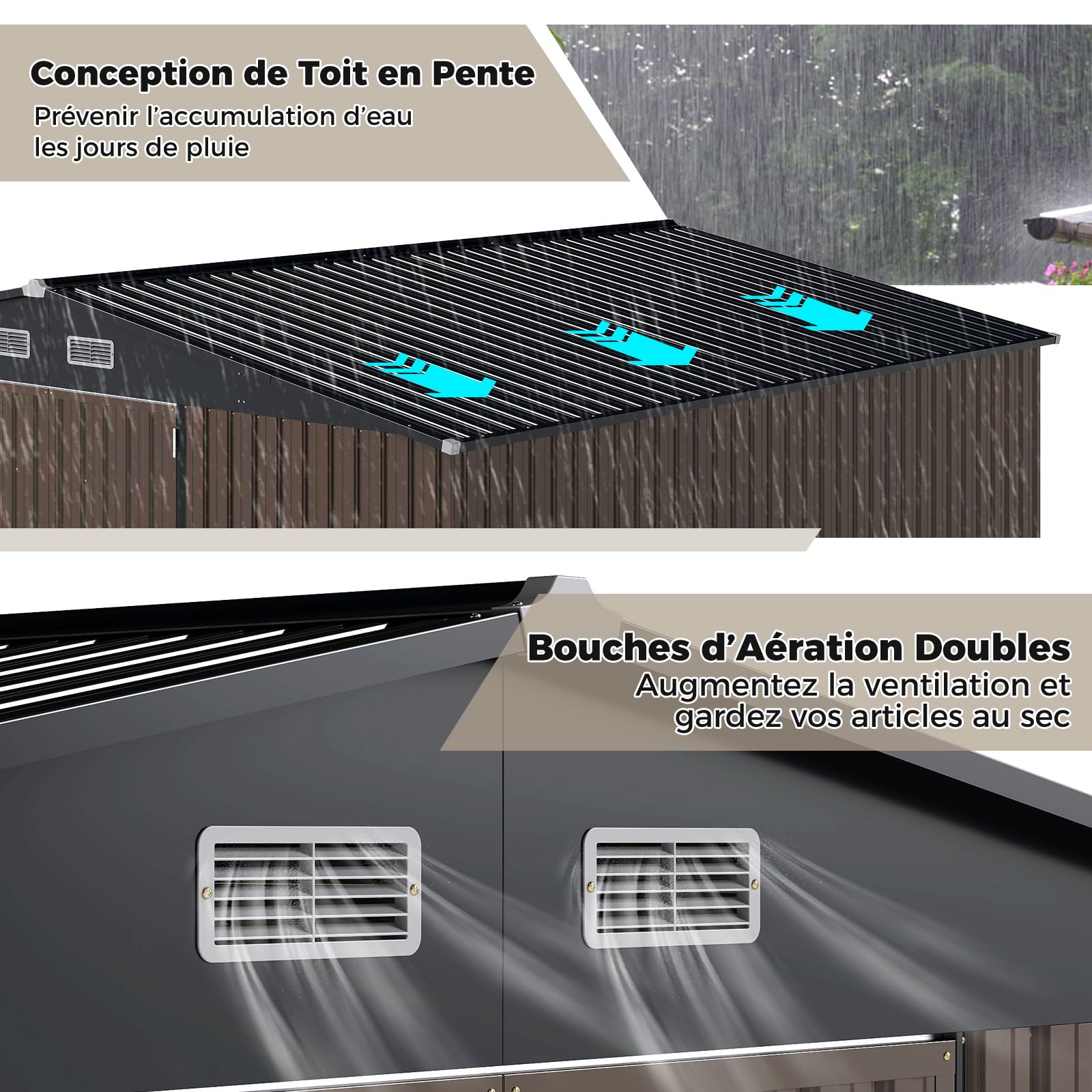 COSTWAY Abri de Jardin Métal 7.8 m², Toit Double Pente, Double Porte Verrouillable avec Clé, 4 Aérations, Cabane de Jardin Exterieur pour Vélo, Poubelle, Outil, Anthracite (7.8 m²)
