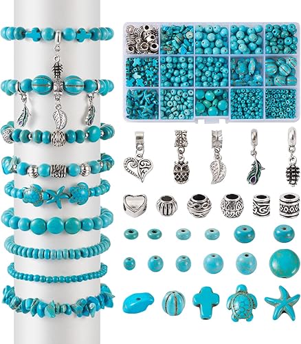 Miniatura 9 de Beadthoven - Juego de 160 piezas de joyería con tema oceánico con cuentas de turquesa, estrella de mar, tortuga, delfín, sirena, colgantes,