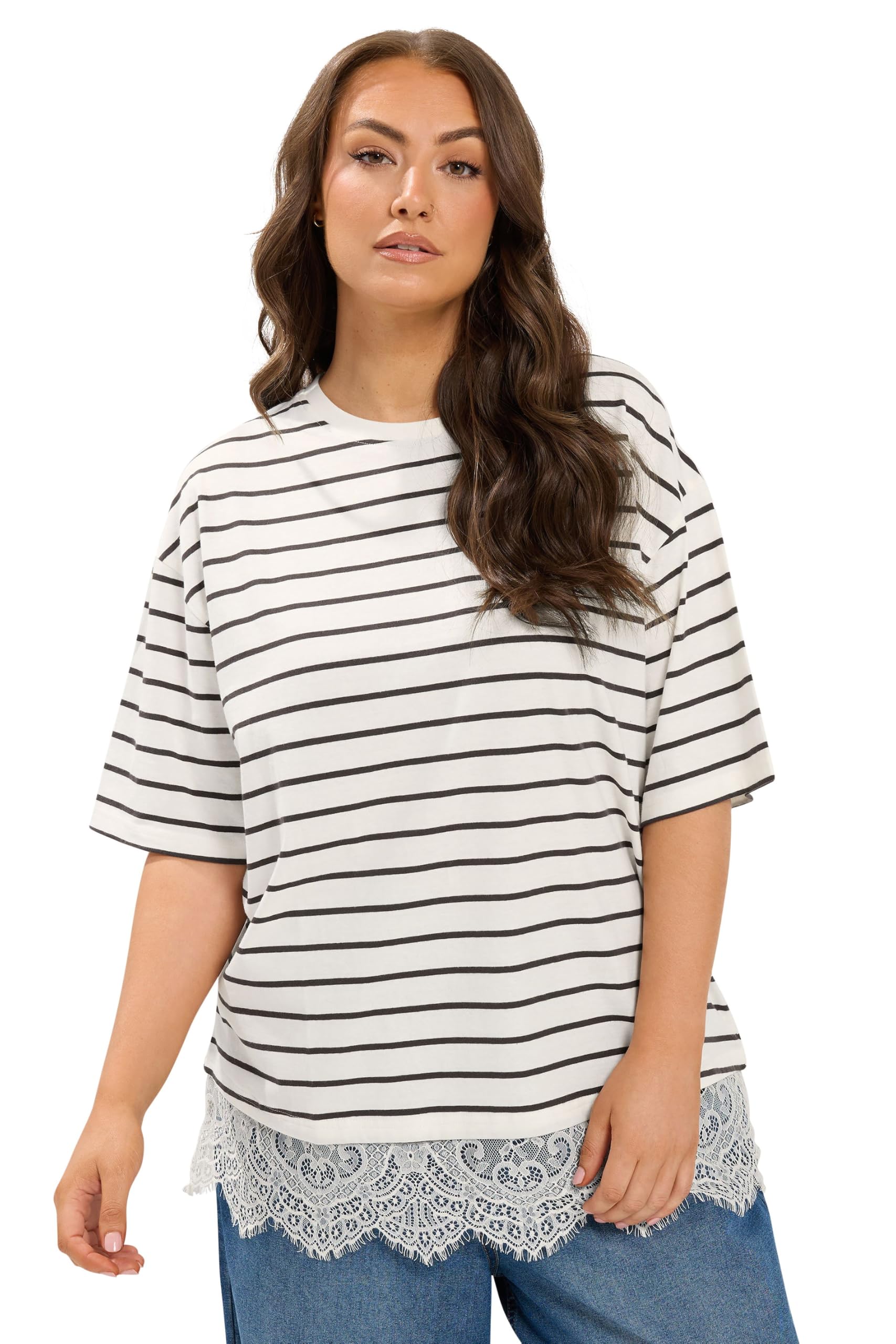 Yours Women's Ivory Curve Brown Stripe Lace Hem T-Shirt - Plus Size Curve