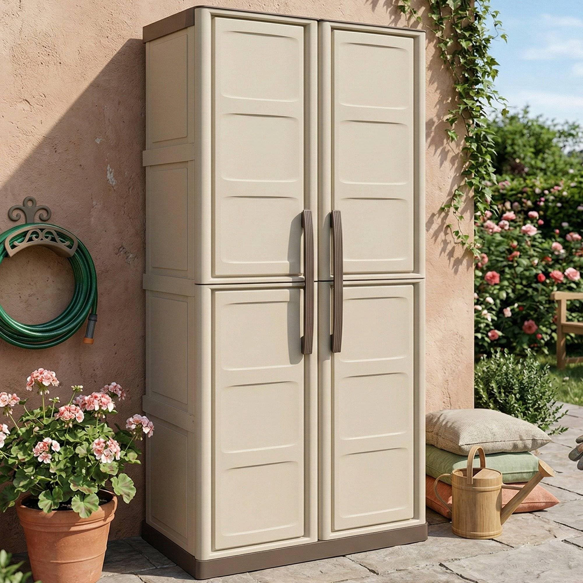 Dmora - Armadio da esterno Marchin, Mobile balcone multiuso, Armadietto outdoor 2 ante, 100% Made in Italy, Beige e Marrone, Finitura quadri, 70x39h165 cm