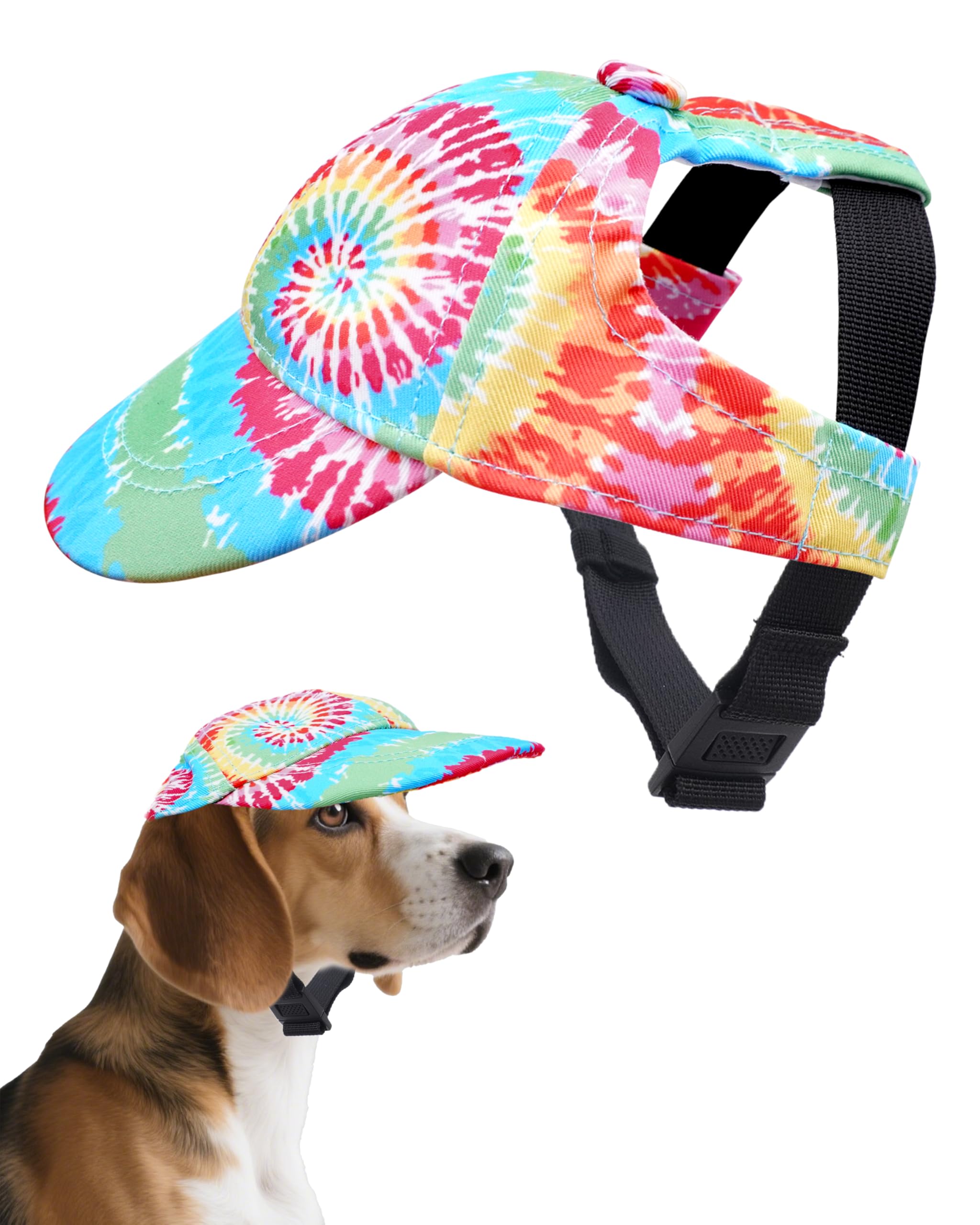 BIPY Dog Sun Hat Dog Baseball Cap with Ear Hole Puppy Sun Visor Cap with Adjustable Neck Strap for Dogs Outdoor Sport Walking Travelling Sun Protect Hat For doggy-Rainbow&M