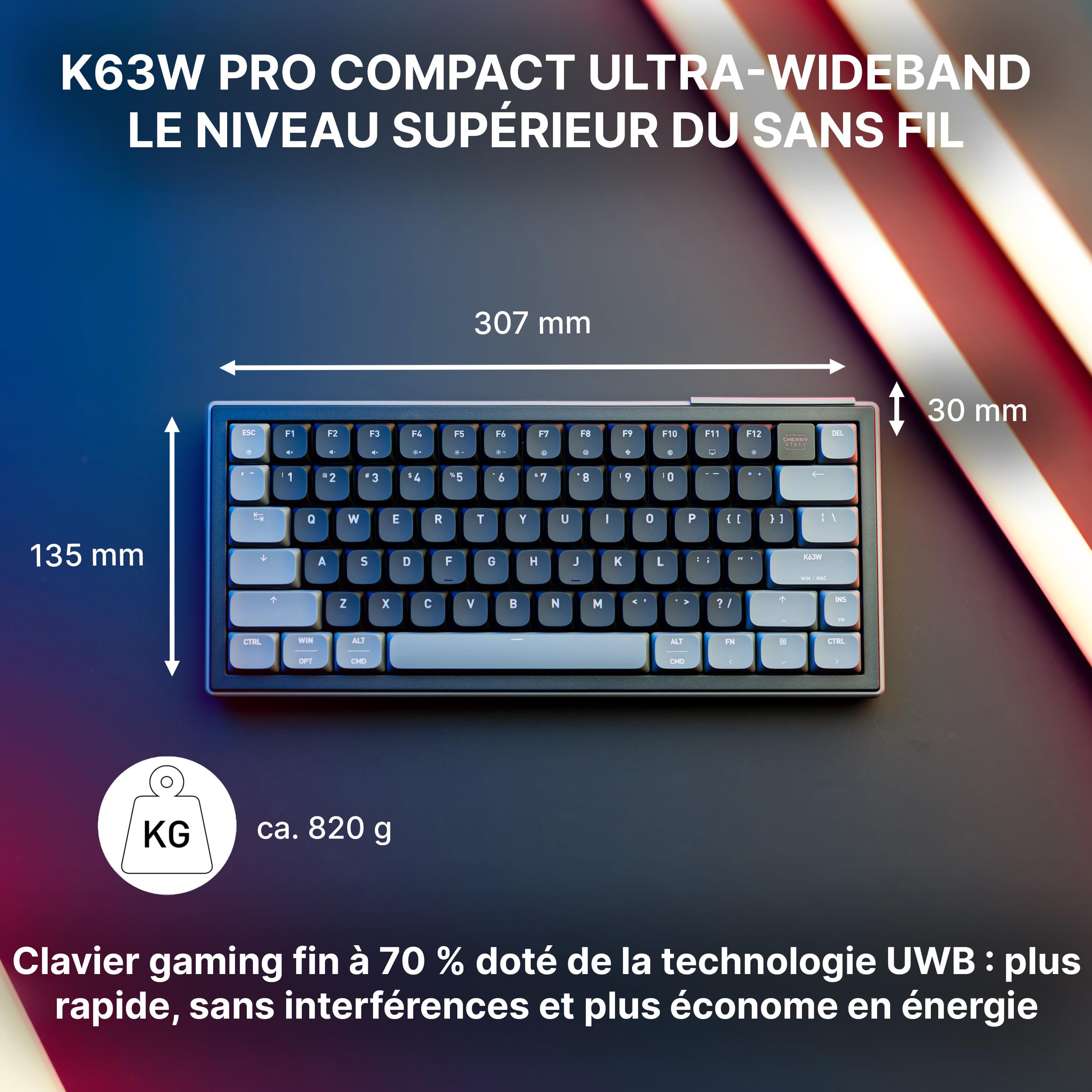 K63W Pro Compact Ultra-Wideband, Clavier de Jeu Mécanique 70% à Profil Bas, Connexion sans Fil UWB, 8 000 Hz, Switches MX LP 2.0 Red, Rechargeable, Disposition FR (AZERTY), Noir