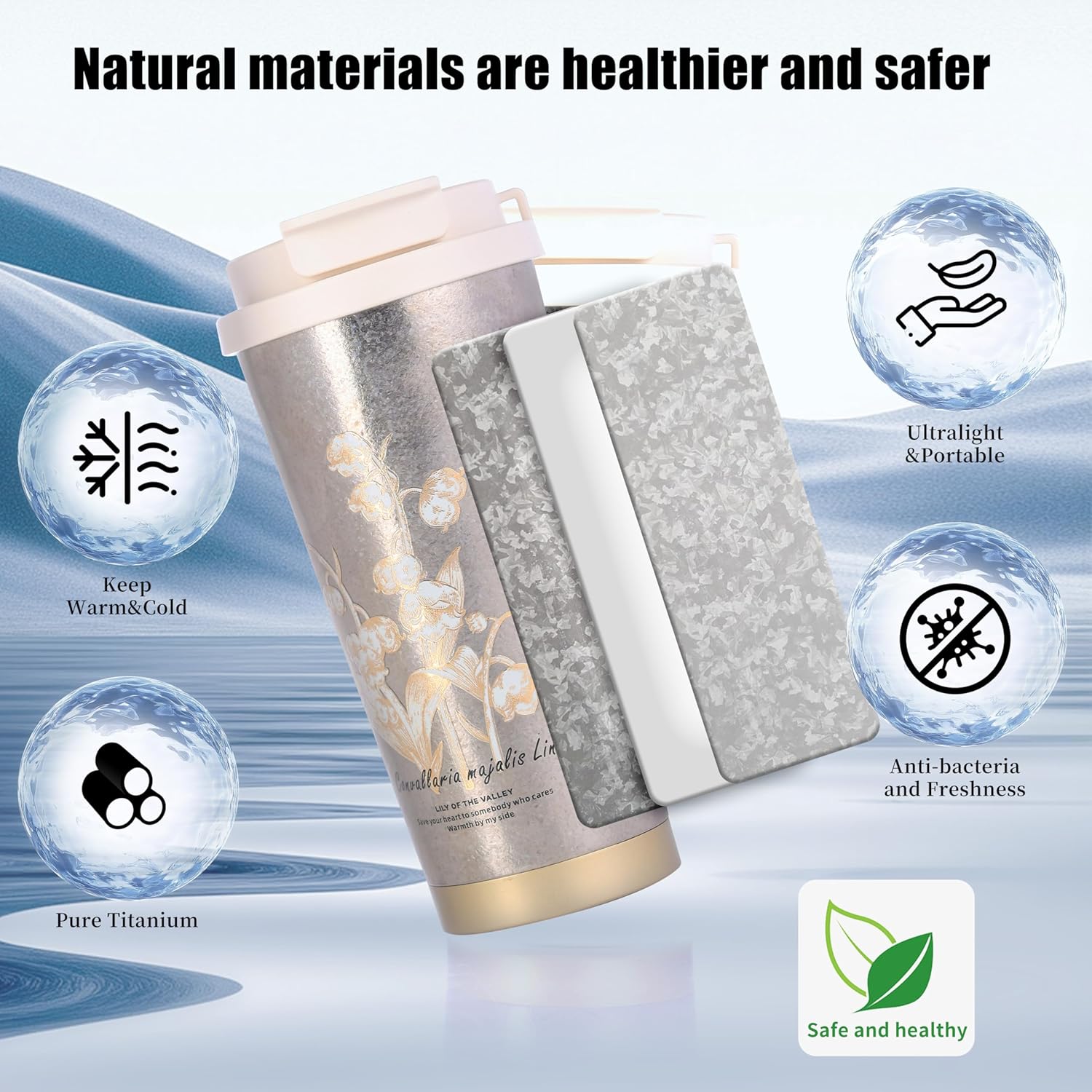 Titanium Insulated Coffee Mug Water Bottle for Office Stylish Large Capacity Keeps Drinks Hot or Cold, Whole-Body Titanium Travel Mug for Hiking Camping (Convallaria)