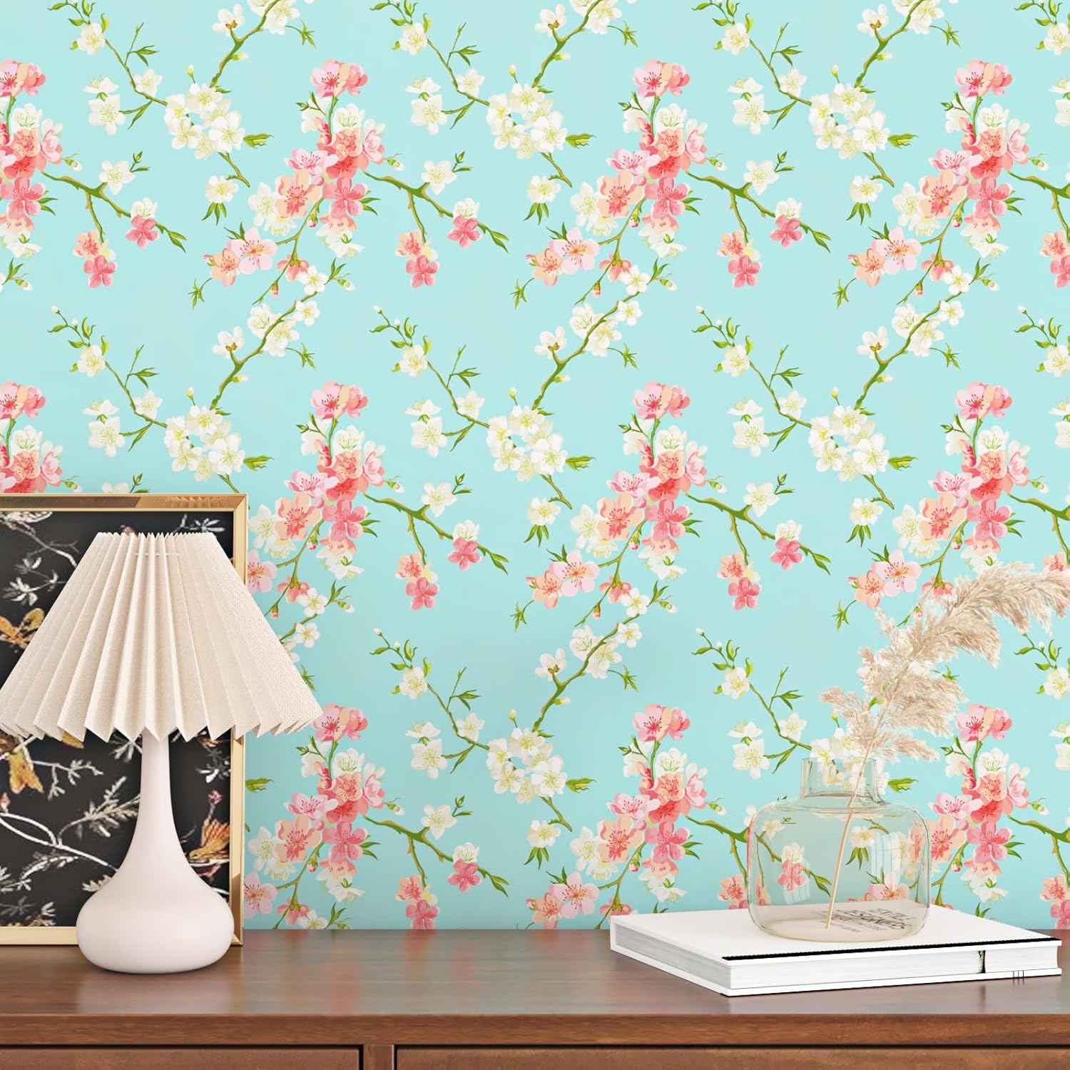 Blue Floral Peel and Stick Wallpaper Self Adhesive Removable Blue Floral Contact Paper for Wall Vinyl Cherry Blossom Pink Wallpaper for Bedroom Laundry Room Cabinets Drawers 17.5''×102.3''