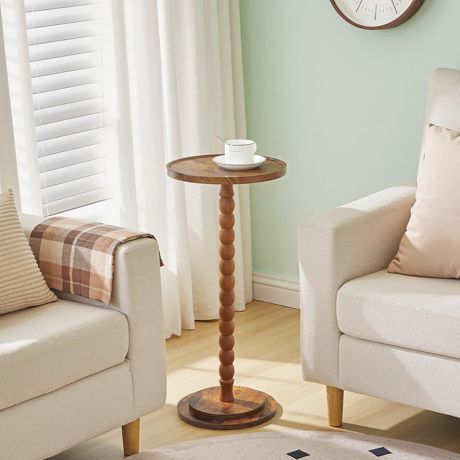 HOOBRO Petite Table d’Appoint Ronde, Table à Boissons avec Pieds en Bois Massif, Table à Café, Table de Chevet, Table de Cocktail, pour Petits Espaces, Salon, Chambre, Marron Rustique EFG187BZ01