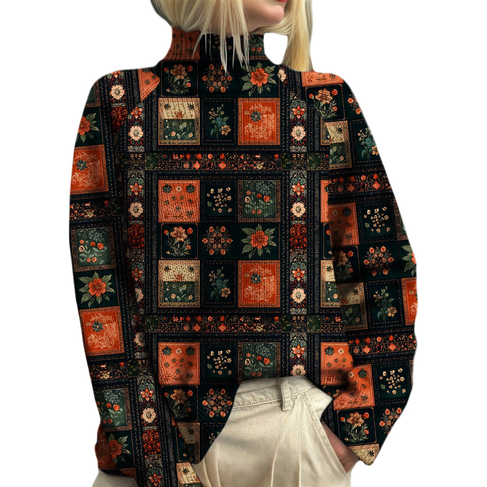 Womens Boho Turtleneck Sweaters Vintage Ethnic Graphics Tops- Knit Long Sleeve Pullover for Fall Winter Casual Outfits