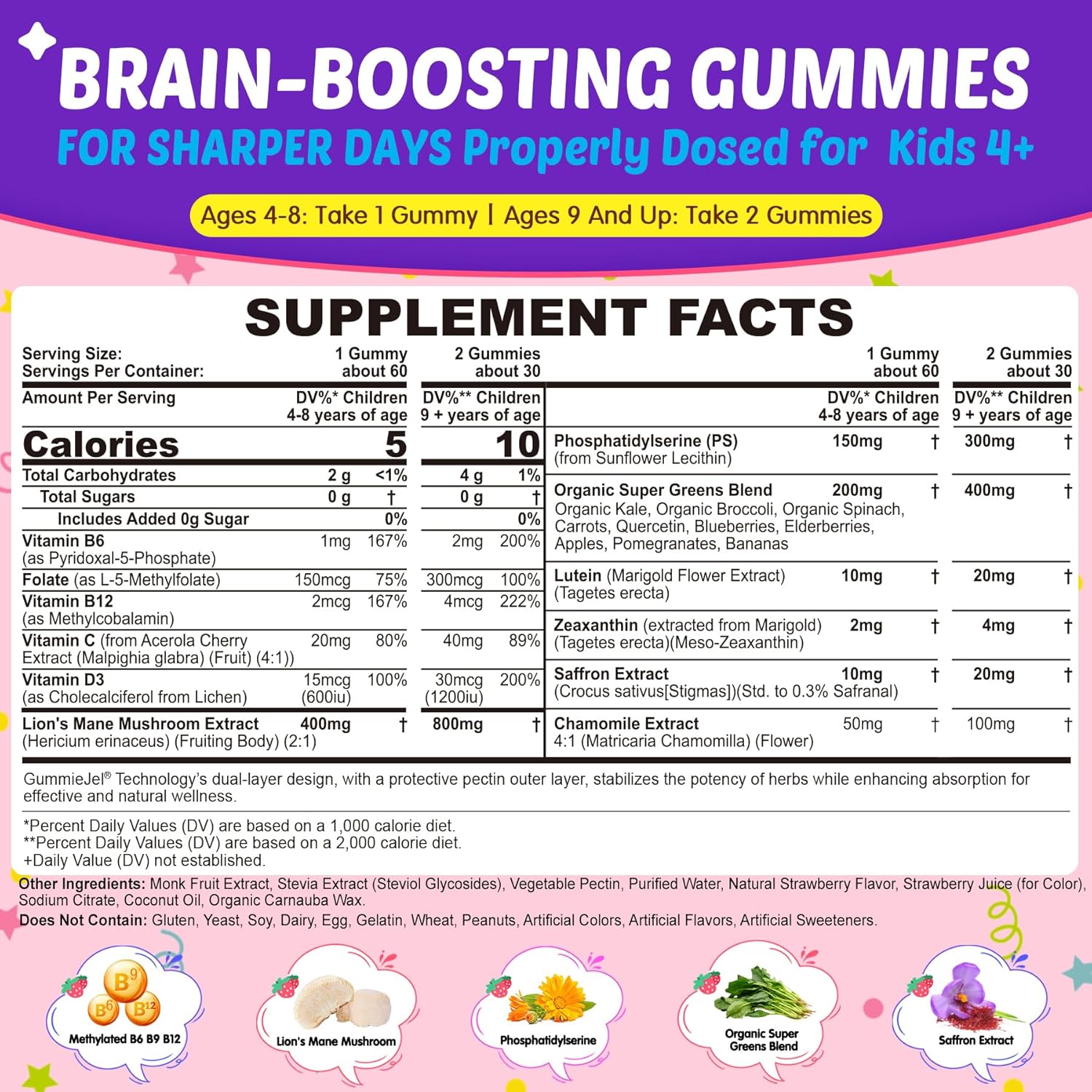 Kids Brain Gummies with Lion's Mane Mushroom, Methyl B6, B9, B12, Super Greens, Lutein, Brain Booster Supplement for Focus & Attention, Cognitive Function, Vision & Energy, Sugar Free, Vegan 60 Count - Image 2