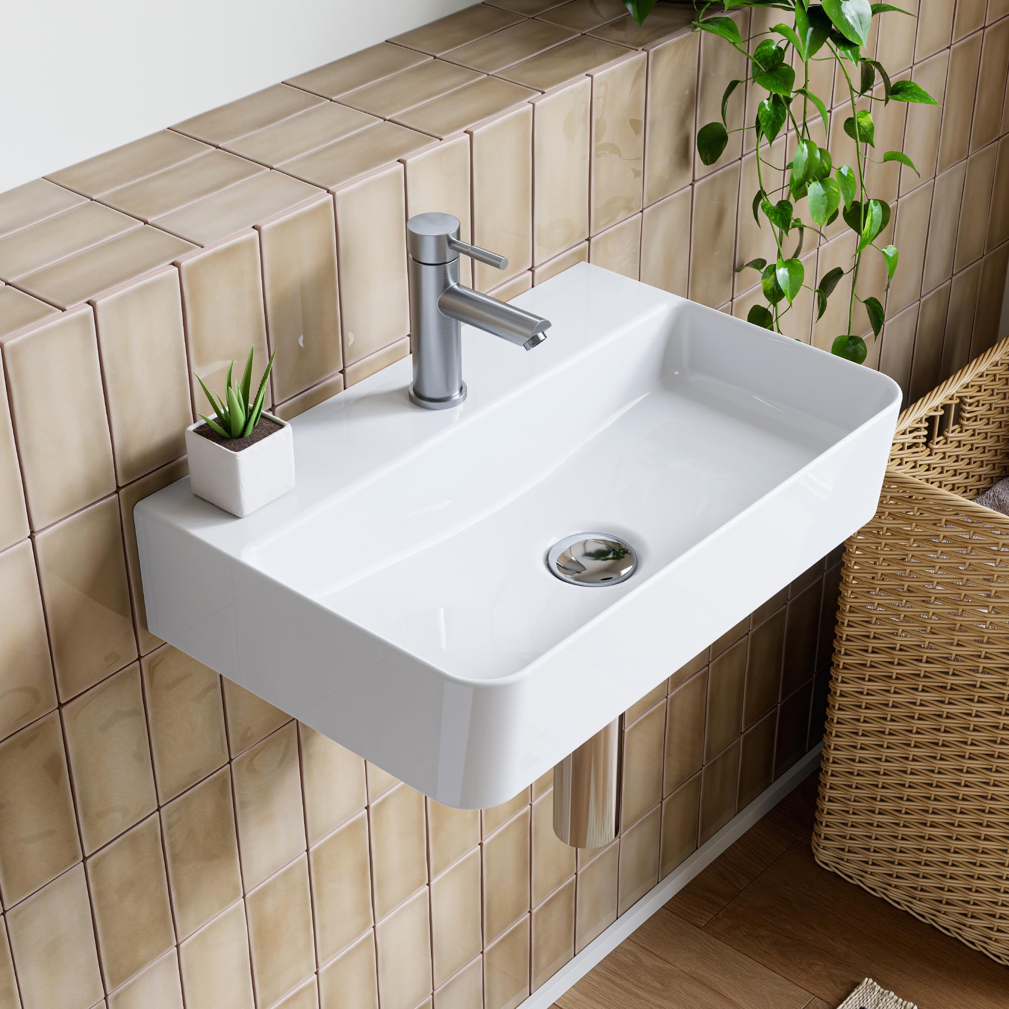 HOROW Ceramic Bathroom Sink, White Wash Basin 46x30x10 cm, Wall-Mounted Vanity Sink for Modern Bathroom, Durable Porcelain Vessel Sink