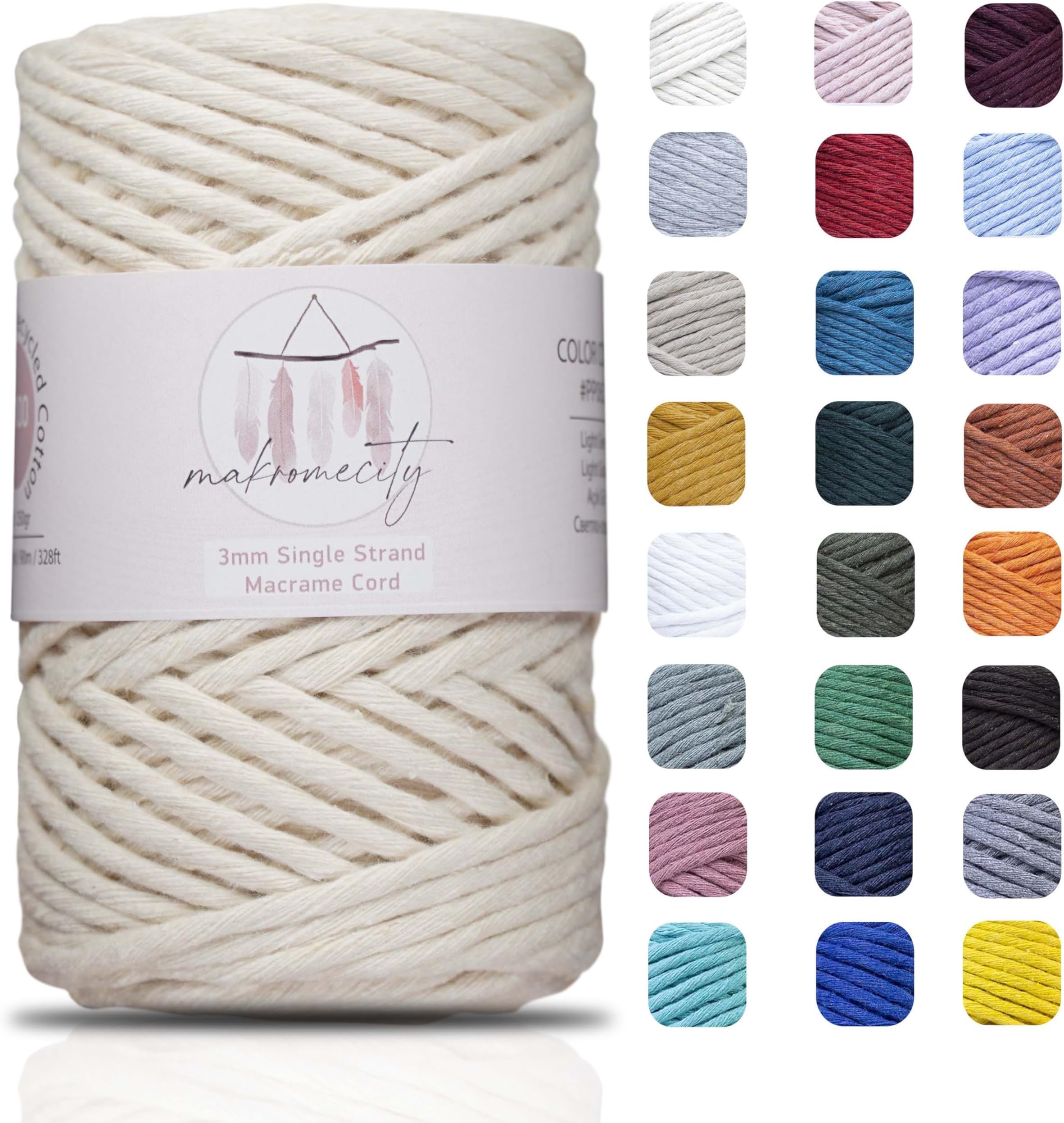 Makromecity, Single Strand Macrame Cord 3 mm x 100 Yards (300 feet) 3mm Single Strand Natural Cotton Cord for Macrame Art & Crafts for Wall Hangings Recycled Cotton Cord Yarn DIY (Ecru, 1 Skein)