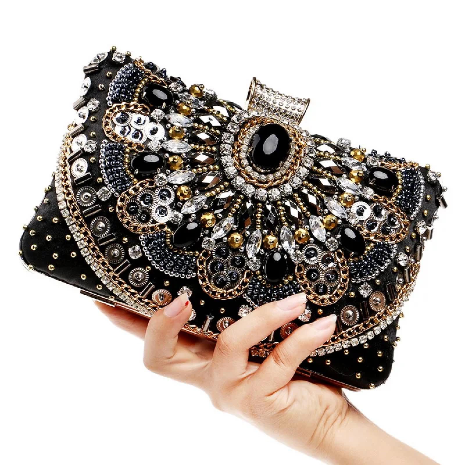Abendtasche Damen Clutch Kleine Perlen Clutch Geldbörse Elegante Schwarze Abend Taschen Hochzeits Party Clutch Handtasche Metall Kette Umhängetaschen