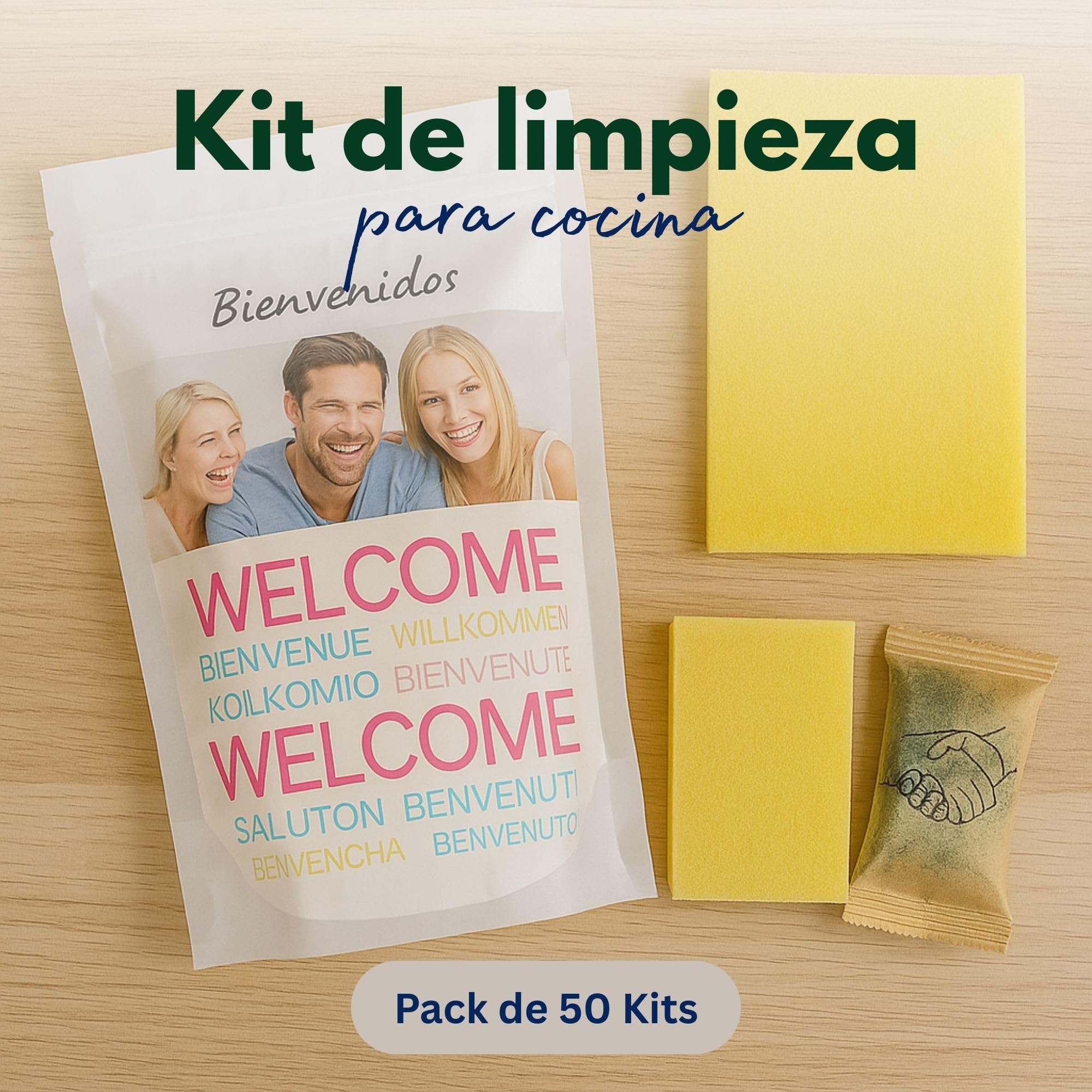 50 Kits de Limpieza para Cocina Alojamientos Turísticos – con Bayeta Amarilla, Esponja Salvauñas y Sobre de Lavavajillas 15ml – Amenities de Bienvenida – Hecho en España - Set de cocina para limpiar