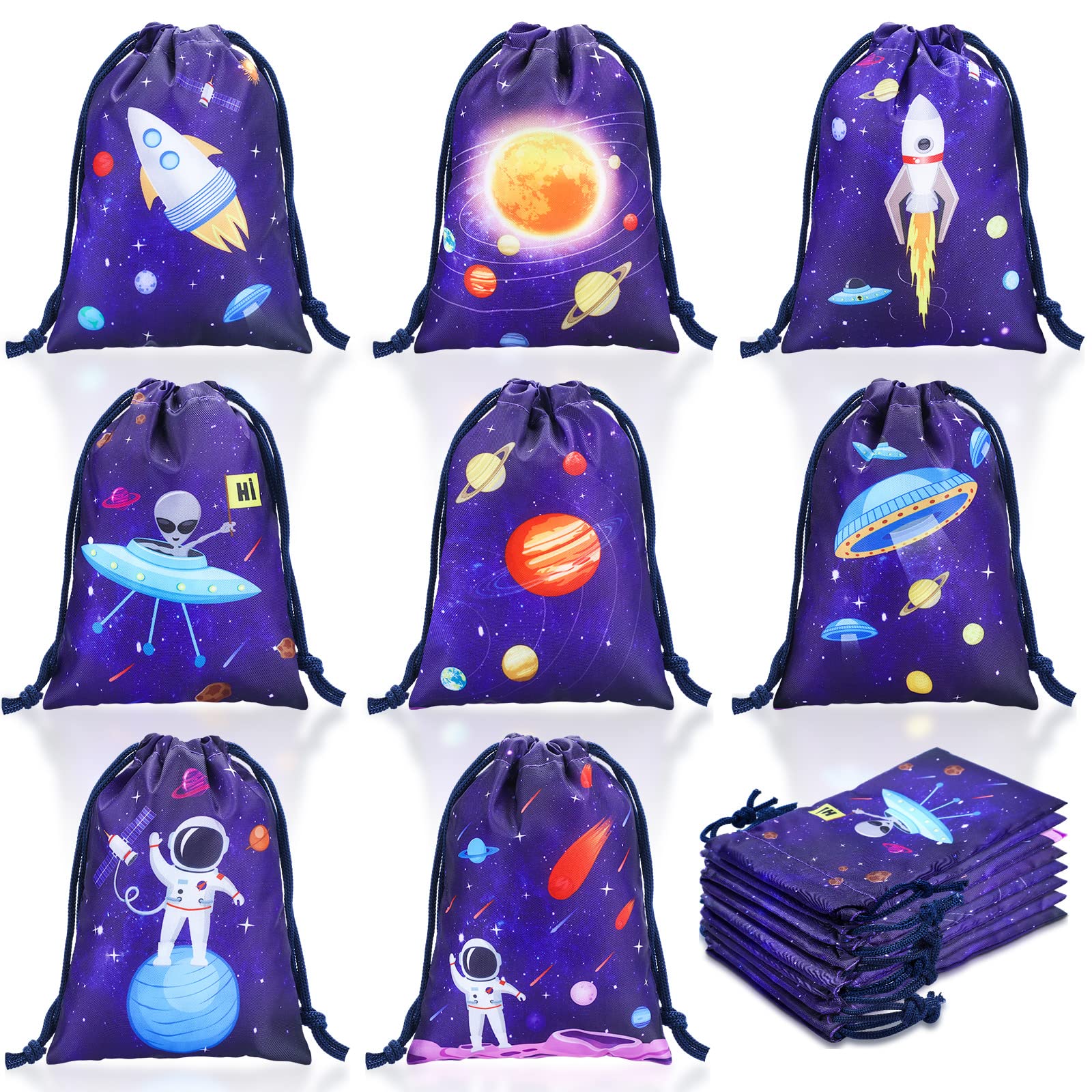 Honoson 24 Pcs Space Party Favor 7.1 x 5.1 Inch Space Drawstring Bags Solar System Planet Goodie Candy Treat Gift Bags for Astronaut Birthday Party Supplies